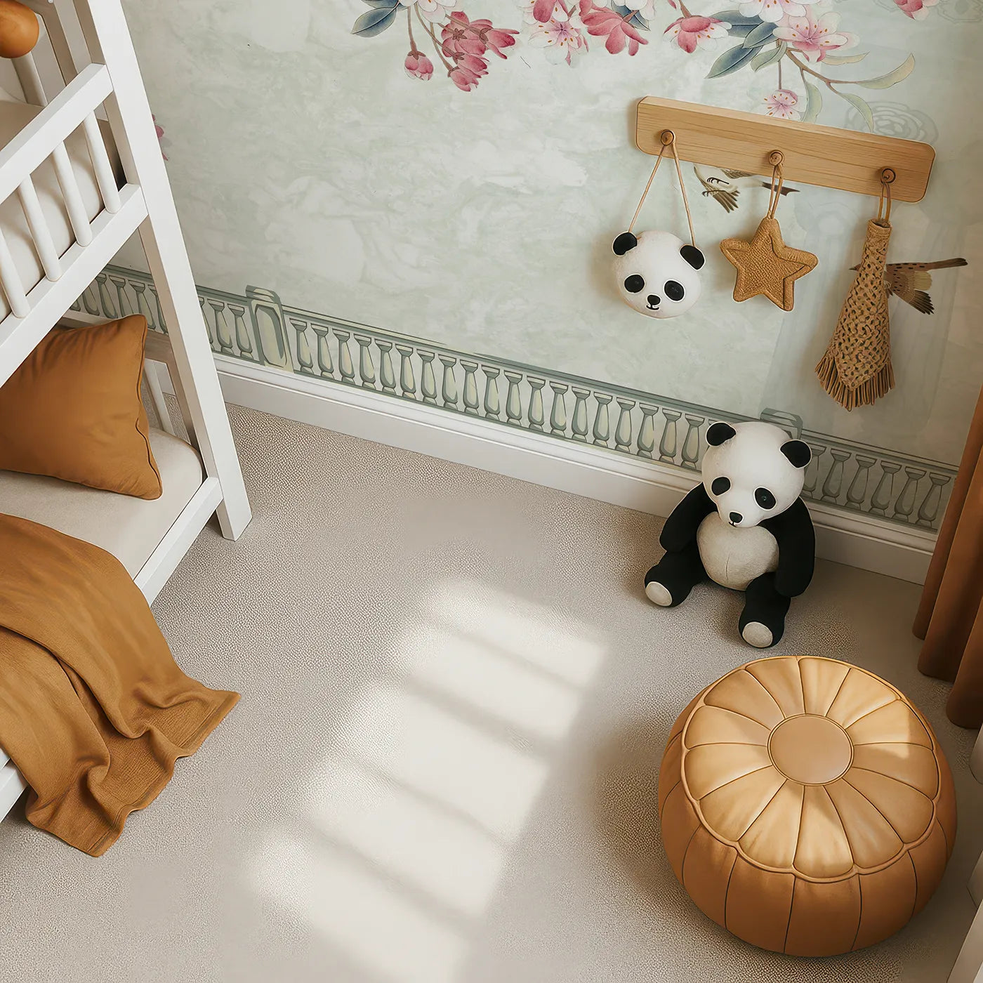 Top-down view of Whimsy Tots' Chinoiserie Balcony Wall Mural (Turn Their Room into an Elegant, Sun-Drenched Garden).Gender-Neutral