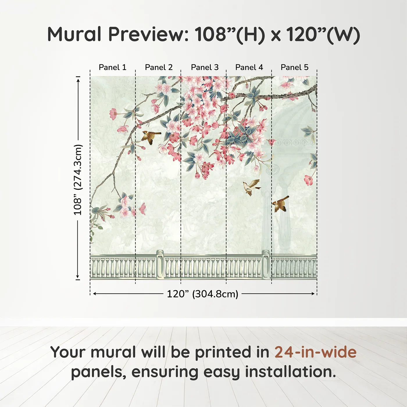 Whimsy Tots Chinoiserie Balcony Wall Muraldimension view (108" H x 120" W). Printed in five 24-inch-wide panels. Gender-Neutral