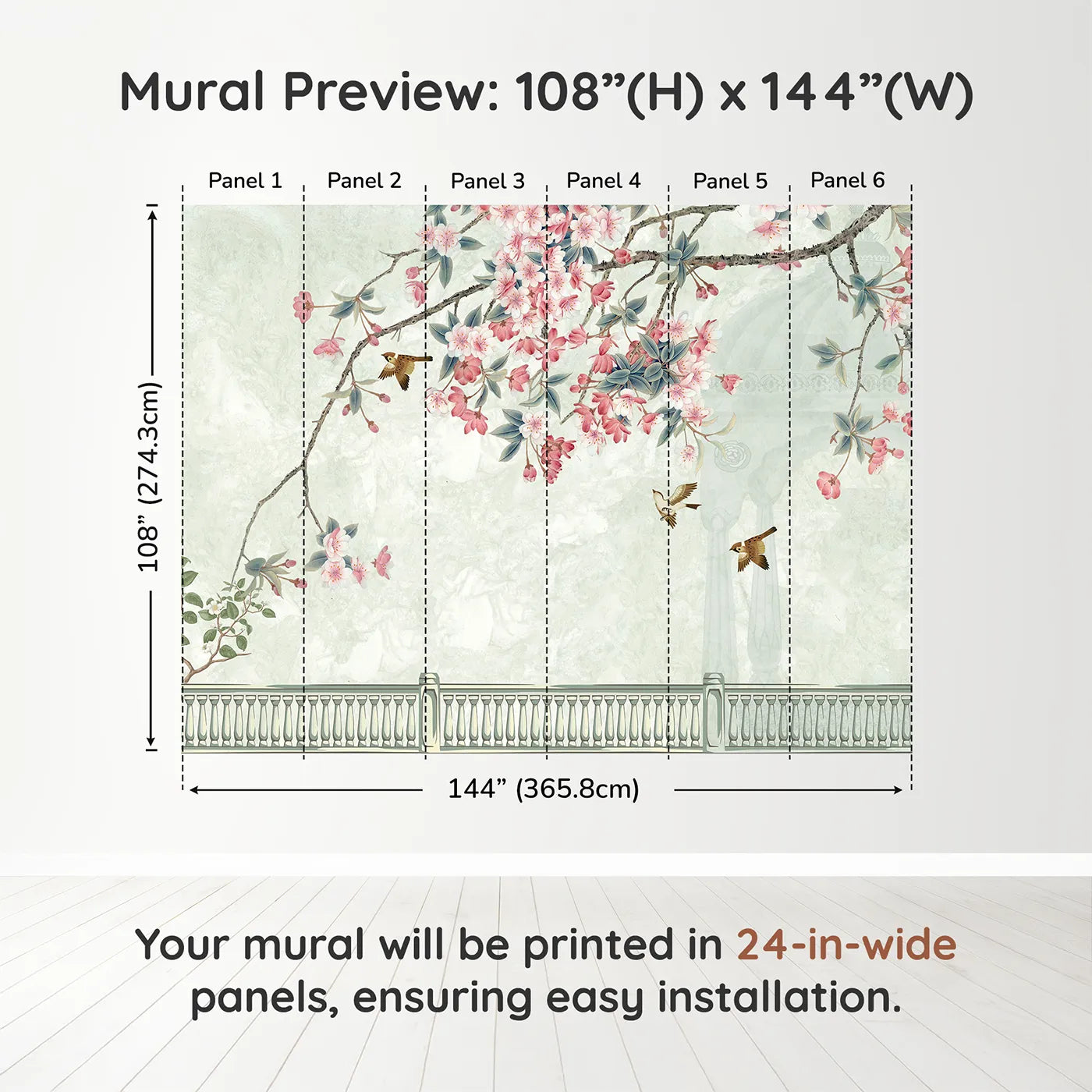 Whimsy Tots Chinoiserie Balcony Wall Muraldimension view (108" H x 144" W). Printed in six 24-inch-wide panels. Gender-Neutral