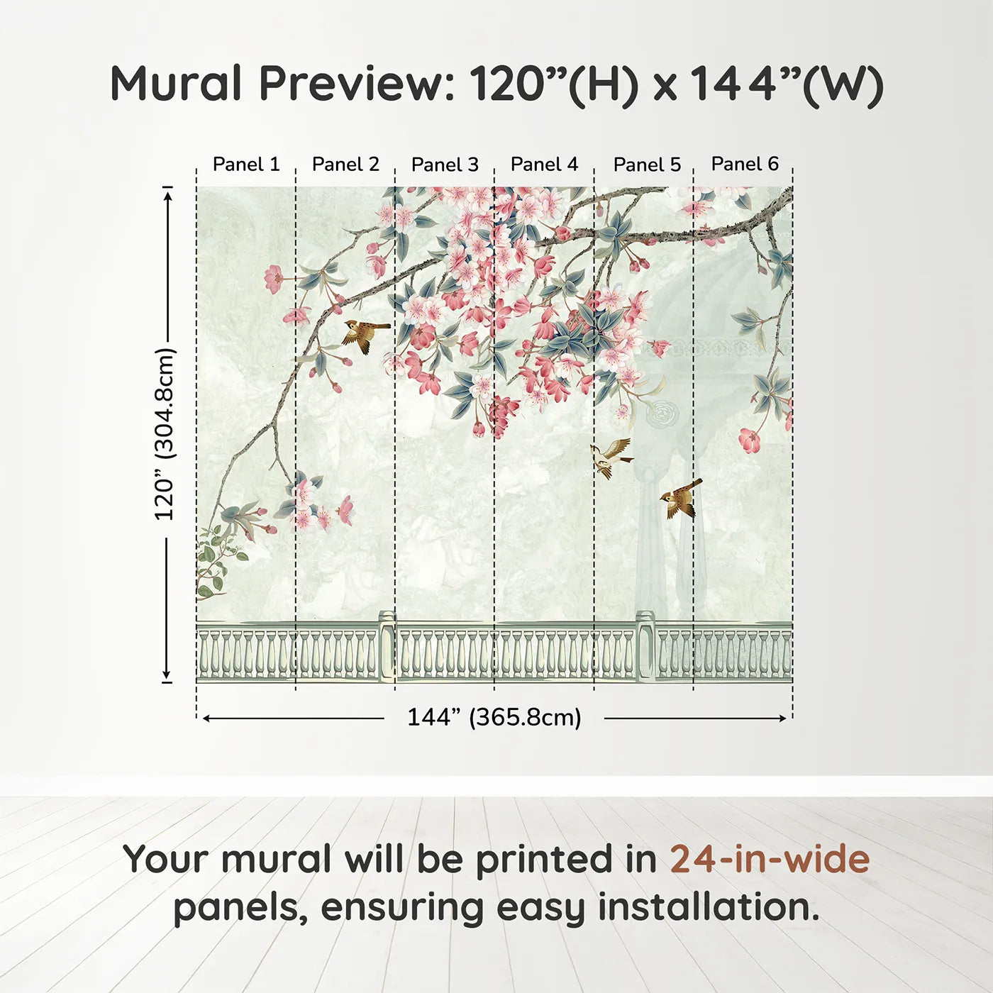 Whimsy Tots Chinoiserie Balcony Wall Muraldimension view (120" H x 144" W). Printed in six 24-inch-wide panels. Gender-Neutral