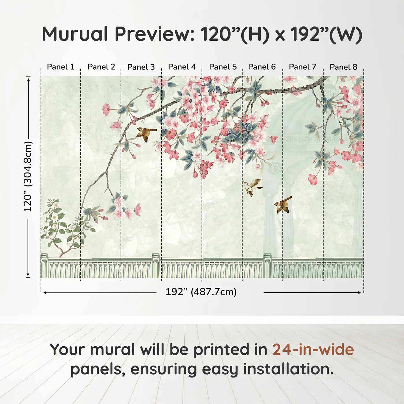 Whimsy Tots Chinoiserie Balcony Wall Muraldimension view (120" H x 192" W). Printed in eight 24-inch-wide panels. Gender-Neutral