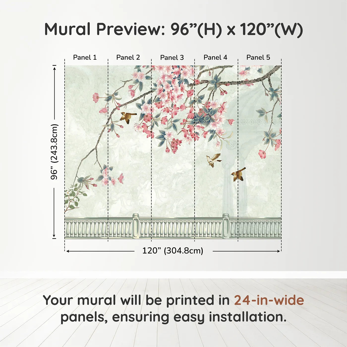 Whimsy Tots Chinoiserie Balcony Wall Muraldimension view (96" H x 120" W). Printed in five 24-inch-wide panels. Gender-Neutral