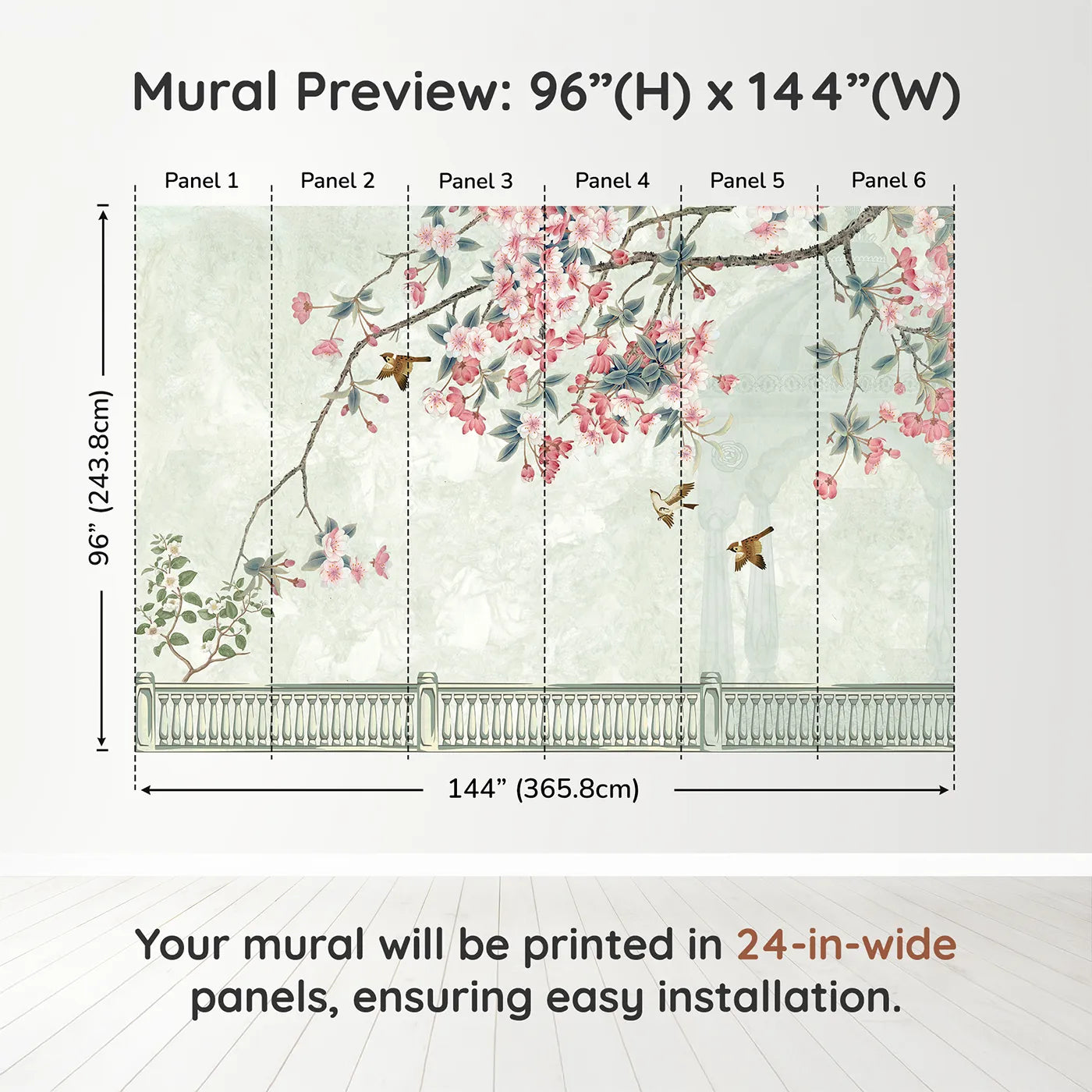 Whimsy Tots Chinoiserie Balcony Wall Muraldimension view (96" H x 144" W). Printed in six 24-inch-wide panels. Gender-Neutral