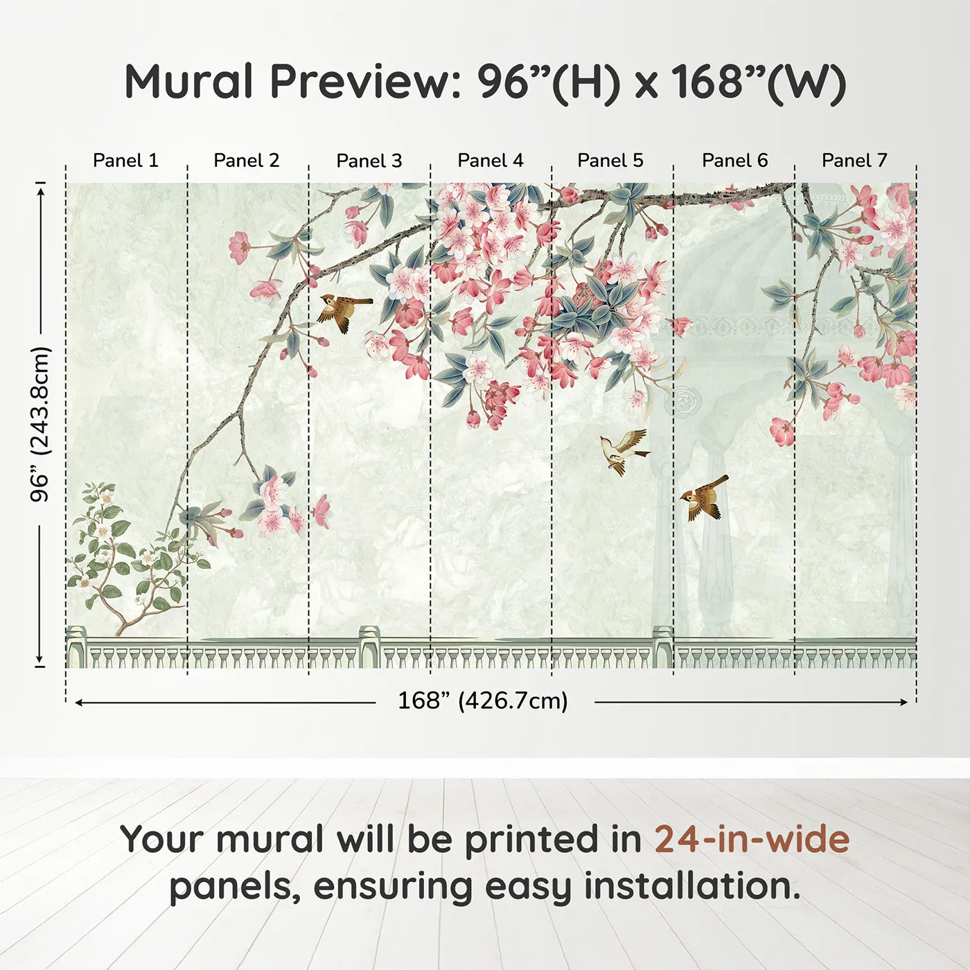 Whimsy Tots Chinoiserie Balcony Wall Muraldimension view (96" H x 168" W). Printed in seven 24-inch-wide panels. Gender-Neutral