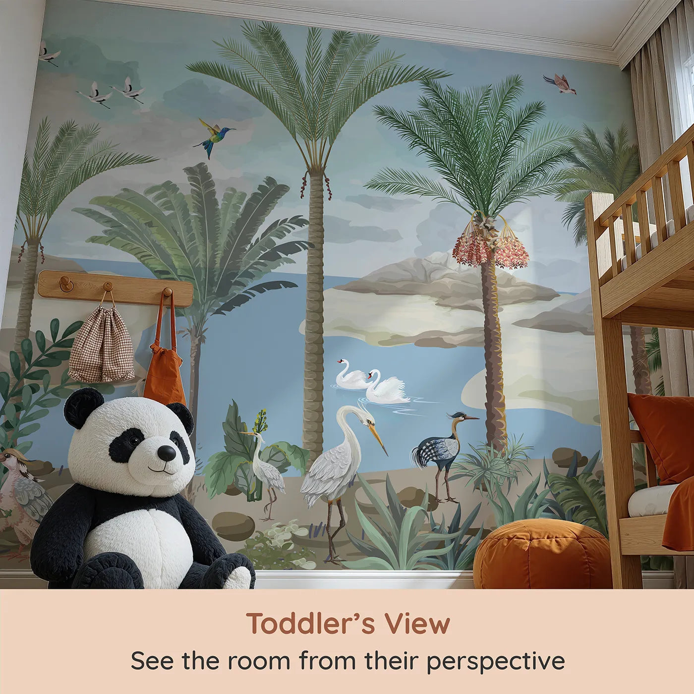 Whimsy Tots Exotic Bird Oasis Wall Mural (Turn Their Room into a Lush, Hand-Painted Paradise) from your child's view.Gender-Neutral