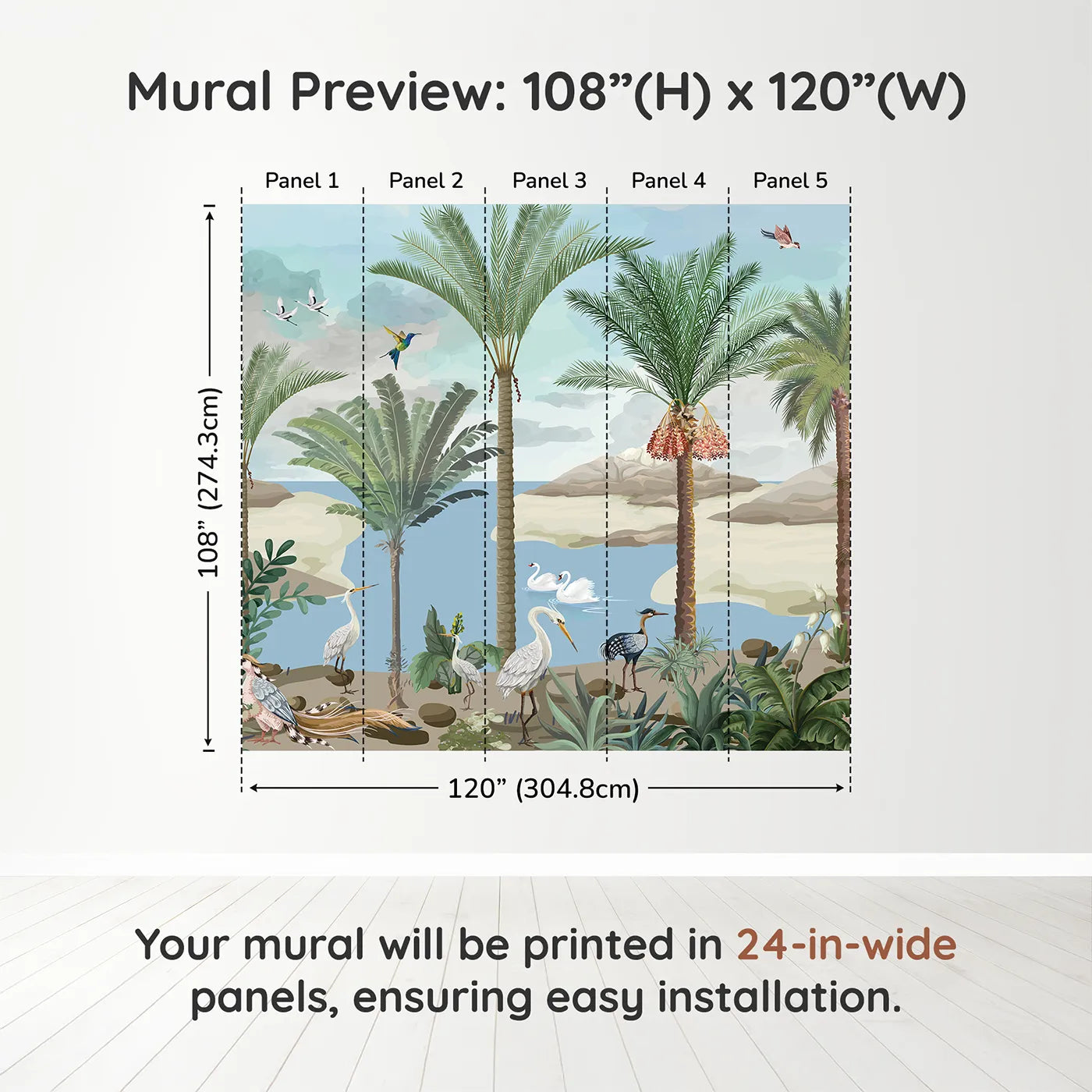 Whimsy Tots Exotic Bird Oasis Wall Muraldimension view (108" H x 120" W). Printed in five 24-inch-wide panels. Gender-Neutral