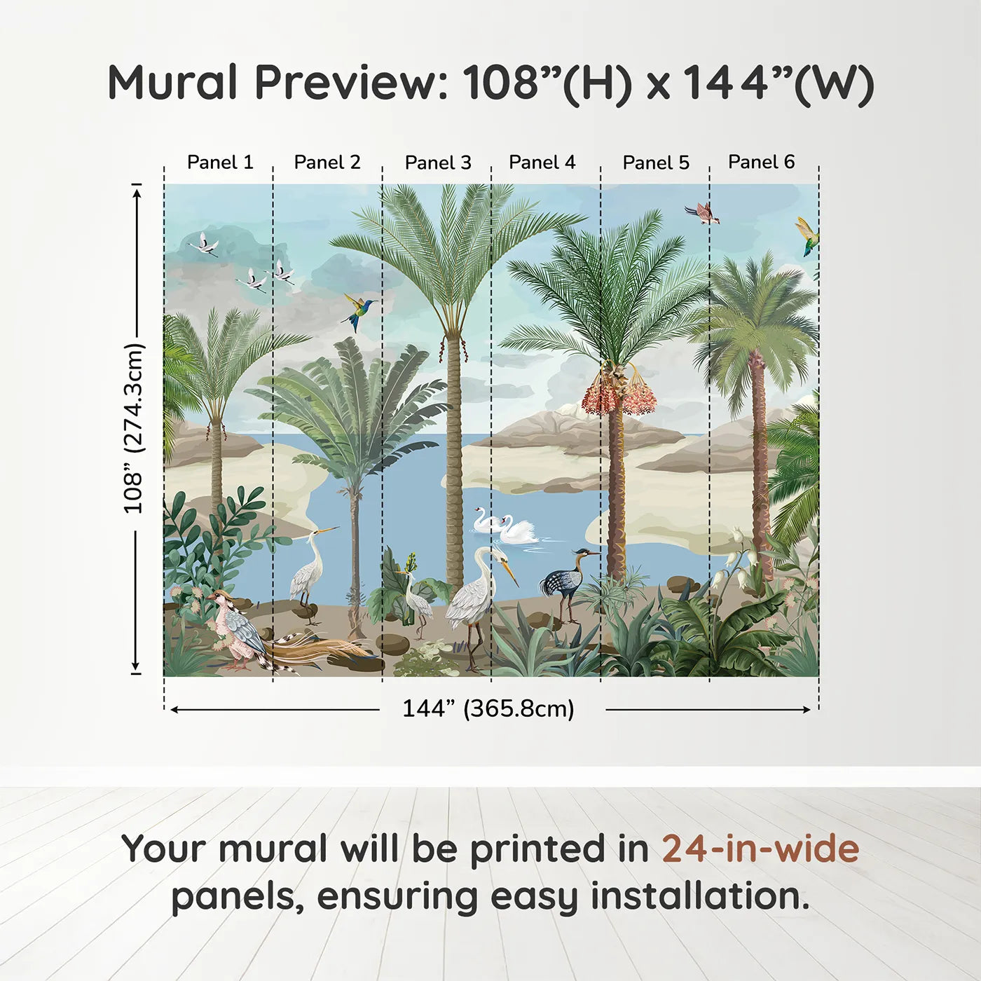 Whimsy Tots Exotic Bird Oasis Wall Muraldimension view (108" H x 144" W). Printed in six 24-inch-wide panels. Gender-Neutral