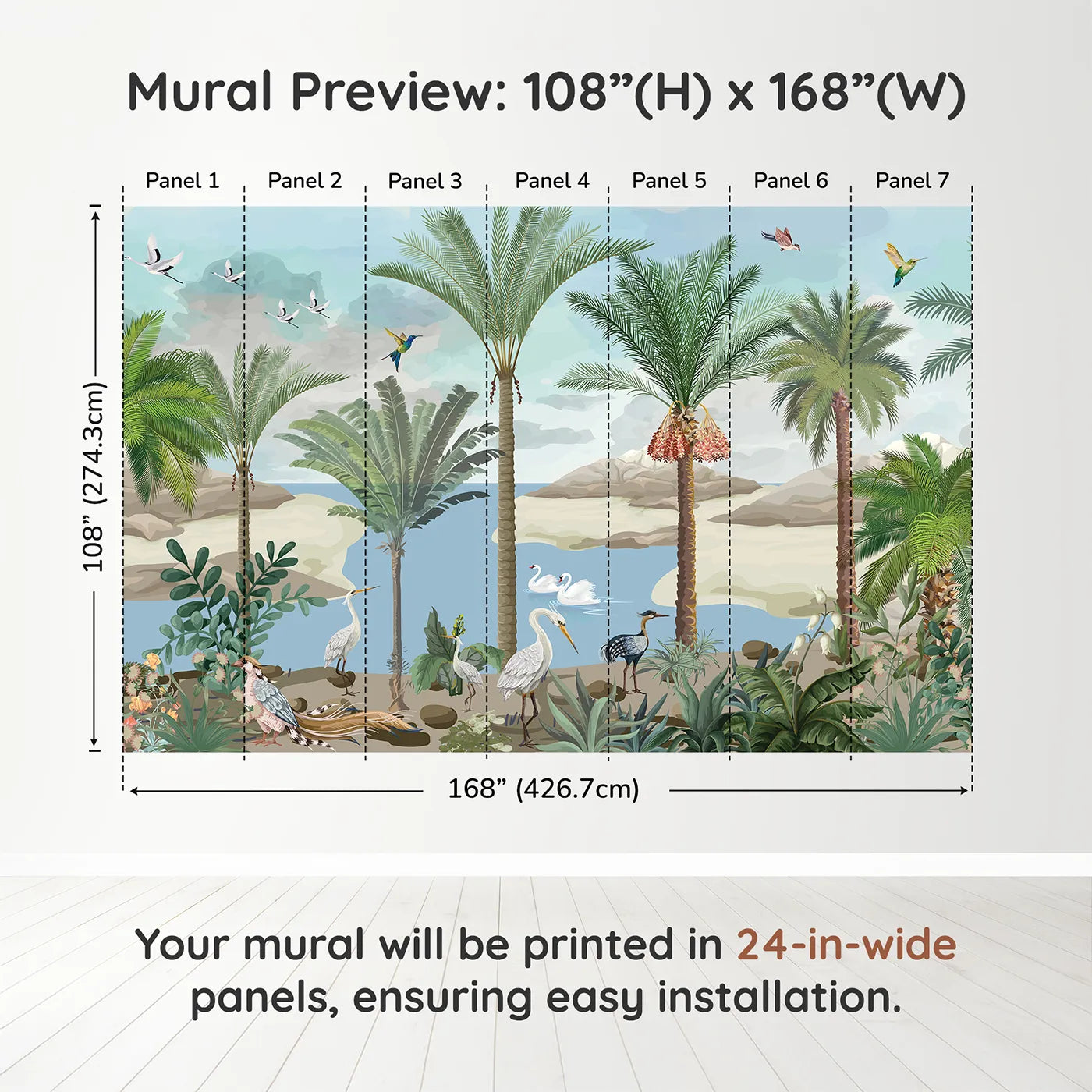 Whimsy Tots Exotic Bird Oasis Wall Muraldimension view (108" H x 168" W). Printed in seven 24-inch-wide panels. Gender-Neutral