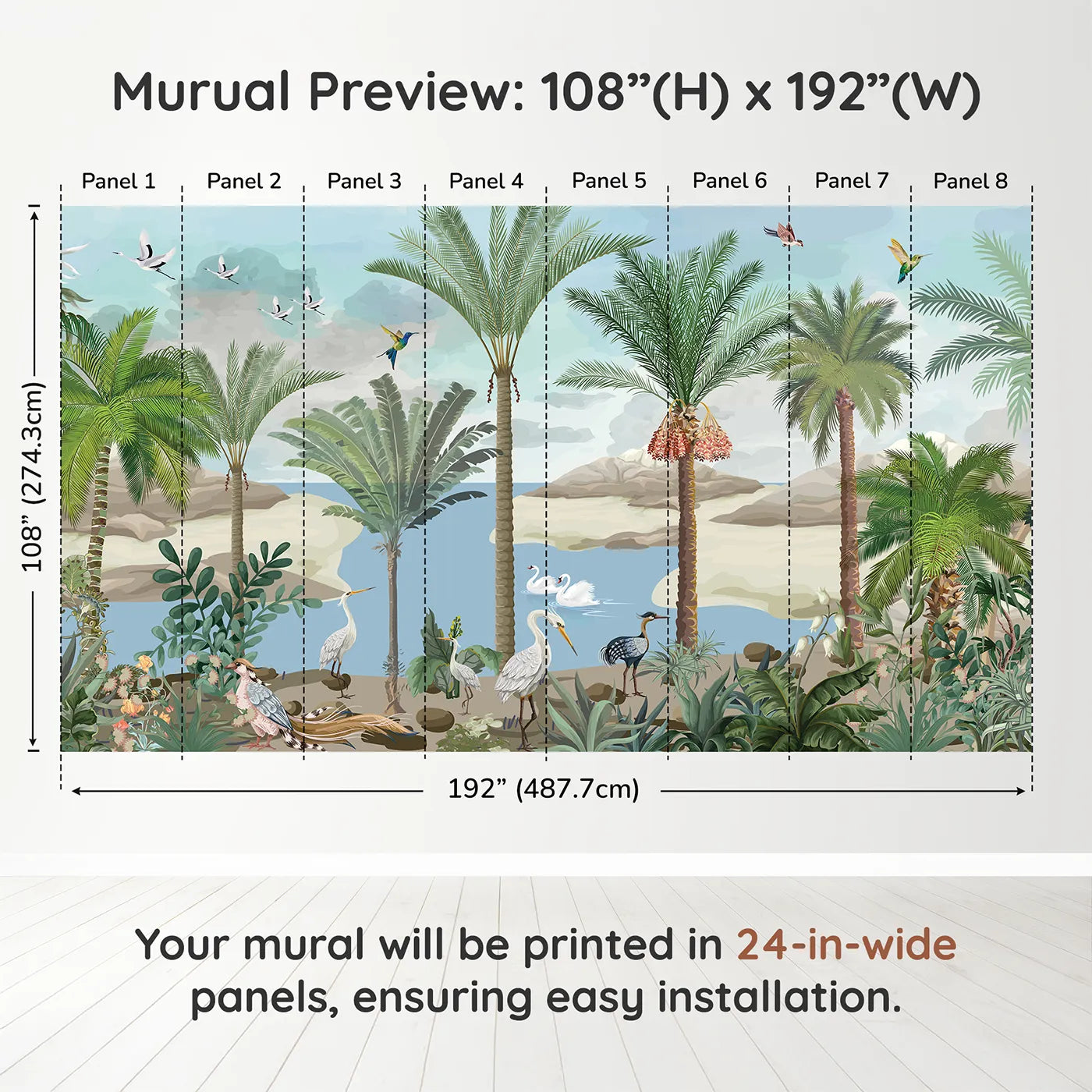 Whimsy Tots Exotic Bird Oasis Wall Muraldimension view (108" H x 192" W). Printed in eight 24-inch-wide panels. Gender-Neutral