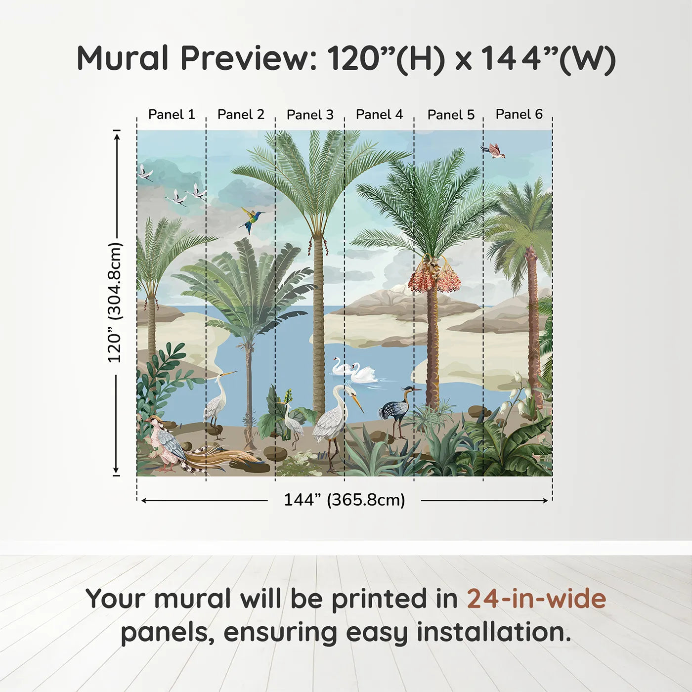 Whimsy Tots Exotic Bird Oasis Wall Muraldimension view (120" H x 144" W). Printed in six 24-inch-wide panels. Gender-Neutral