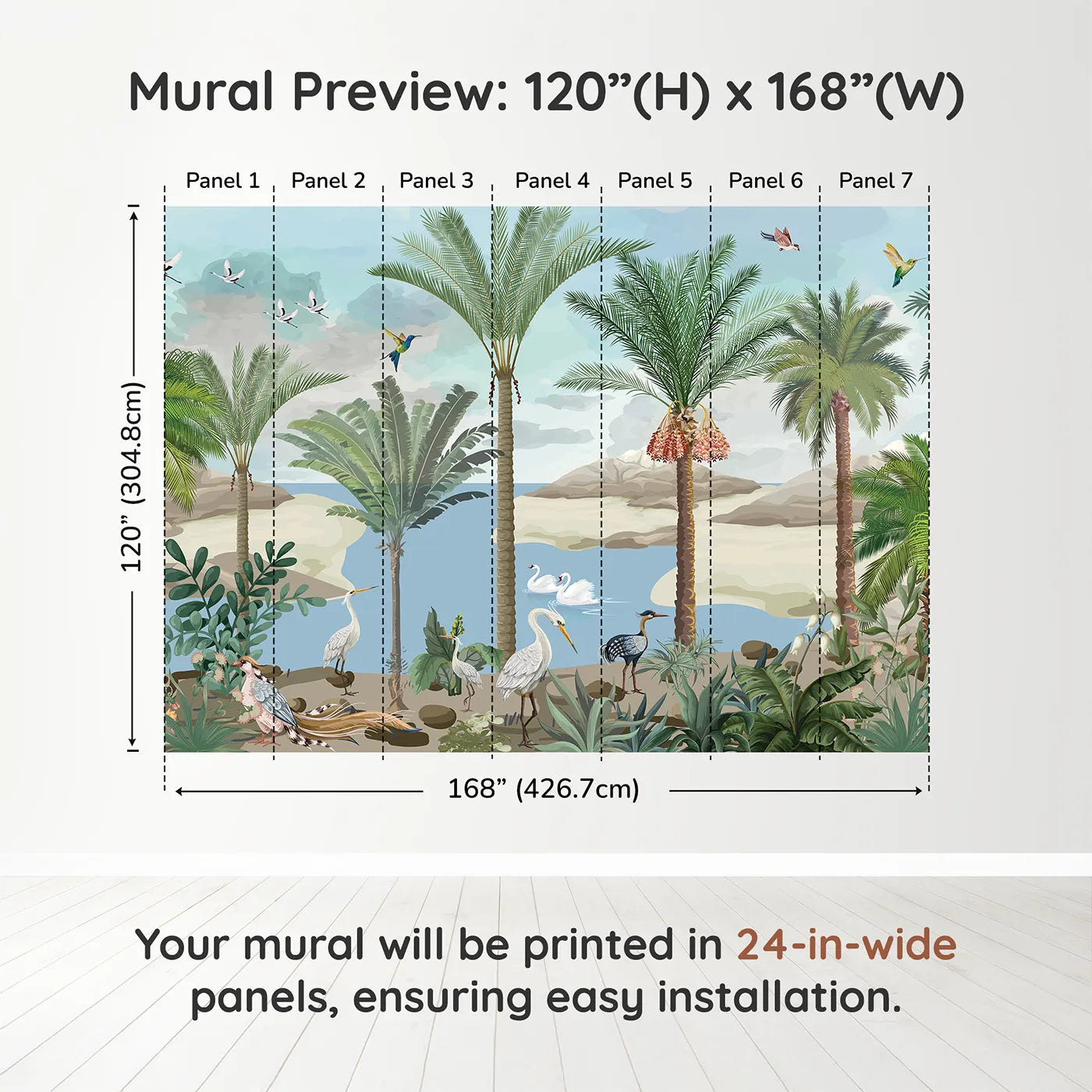 Whimsy Tots Exotic Bird Oasis Wall Muraldimension view (120" H x 168" W). Printed in seven 24-inch-wide panels. Gender-Neutral