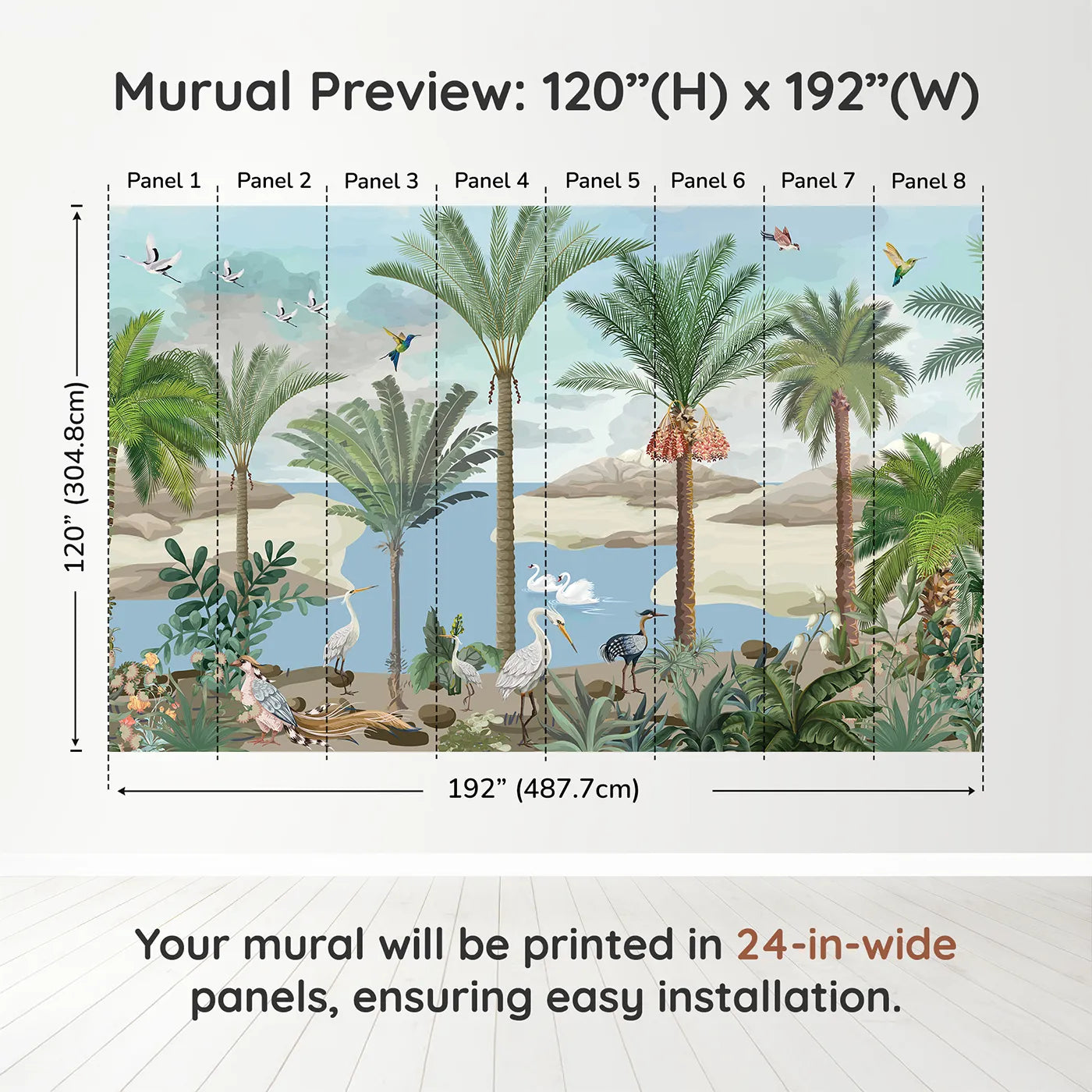 Whimsy Tots Exotic Bird Oasis Wall Muraldimension view (120" H x 192" W). Printed in eight 24-inch-wide panels. Gender-Neutral