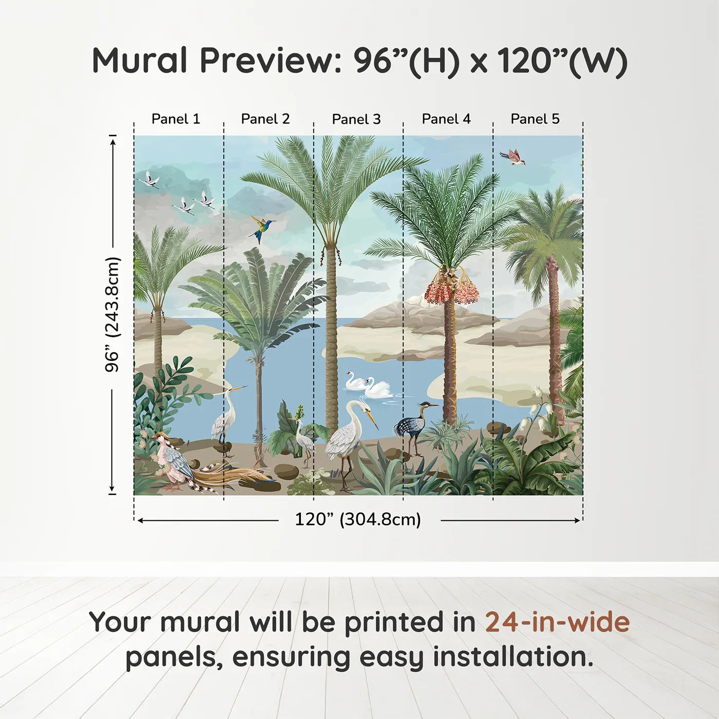 Whimsy Tots Exotic Bird Oasis Wall Muraldimension view (96" H x 120" W). Printed in five 24-inch-wide panels. Gender-Neutral