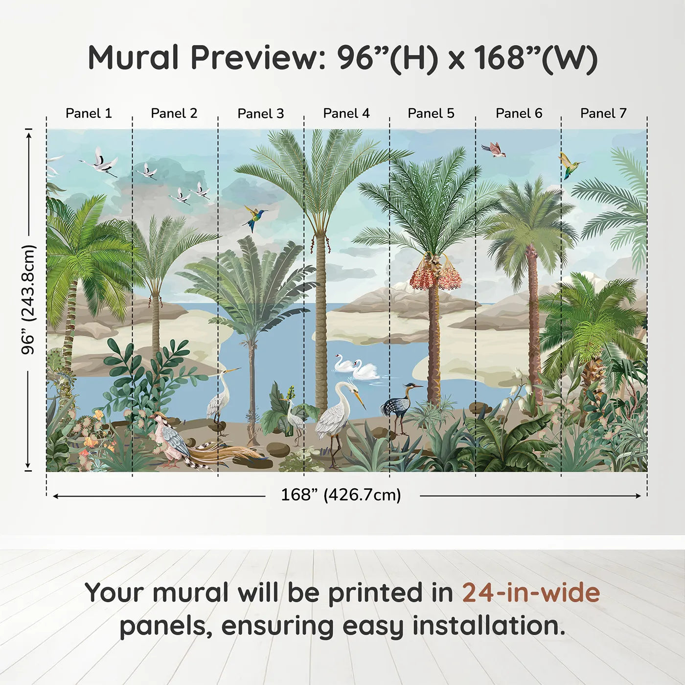 Whimsy Tots Exotic Bird Oasis Wall Muraldimension view (96" H x 168" W). Printed in seven 24-inch-wide panels. Gender-Neutral