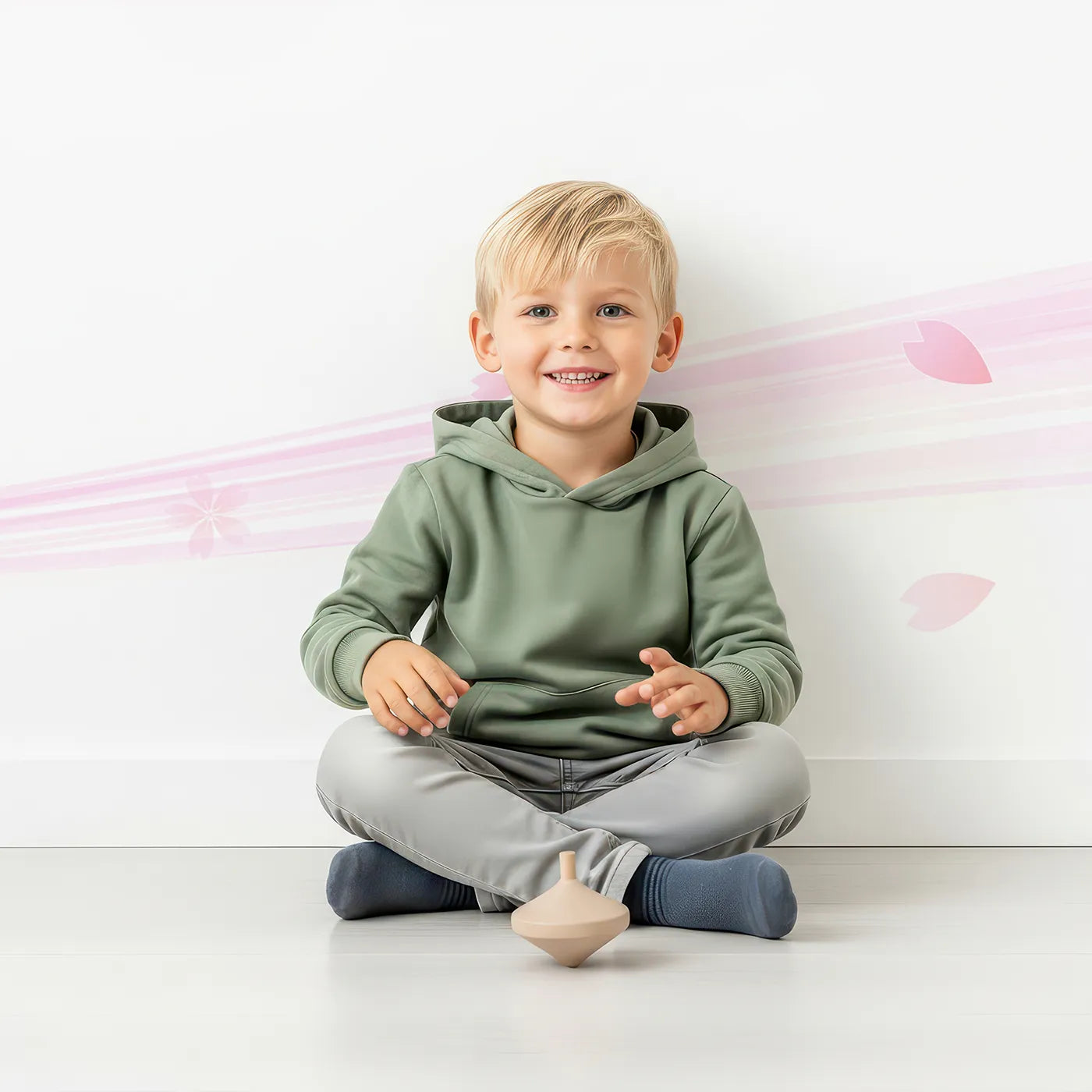 Child in front of Whimsy Tots Pink Cherry Blossom Wall Mural with cherry blossom, blossom, flower, tree, pink, sky, romantic, spring in design.