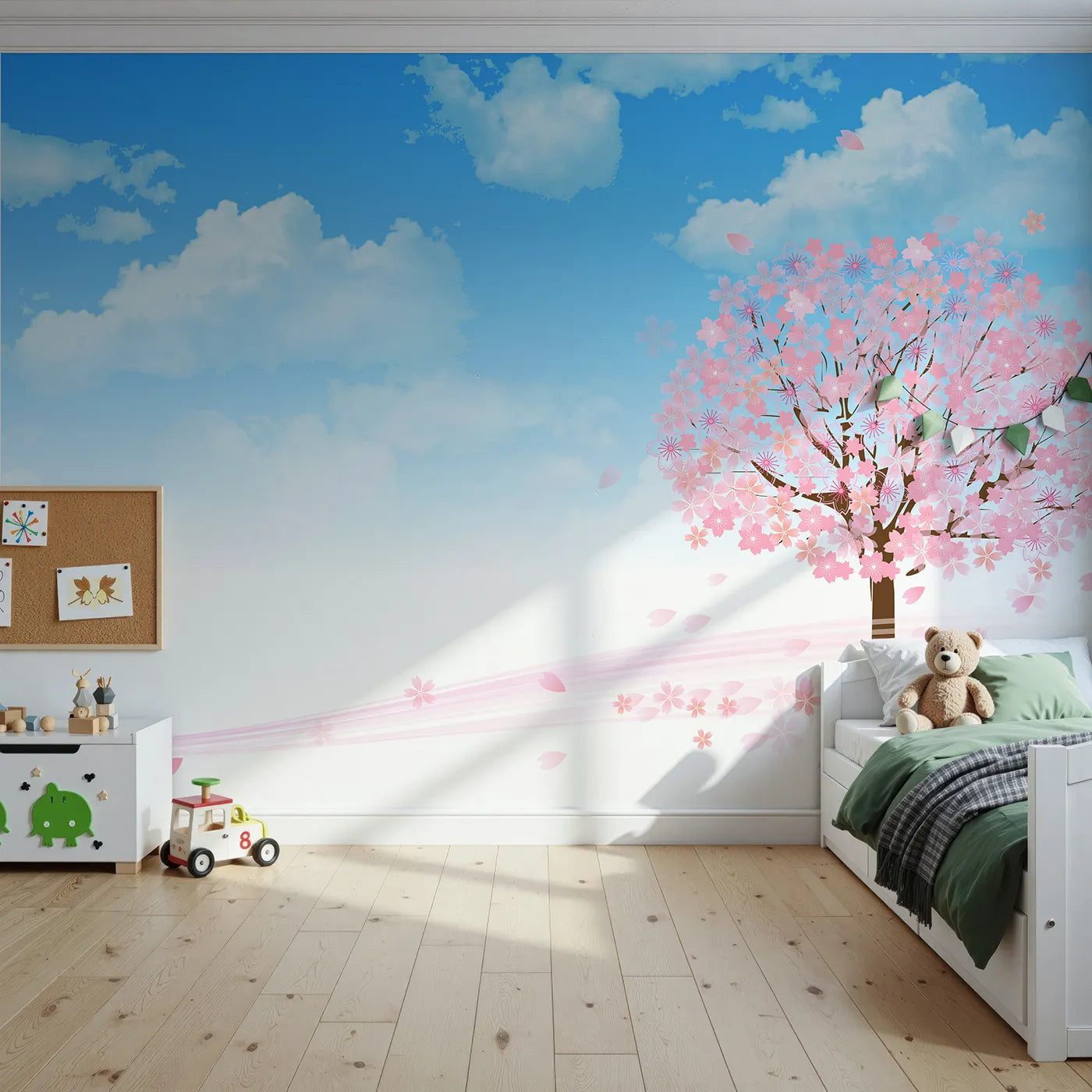 Front view of Whimsy Tots' Blue Cherry Blossom Wall Mural