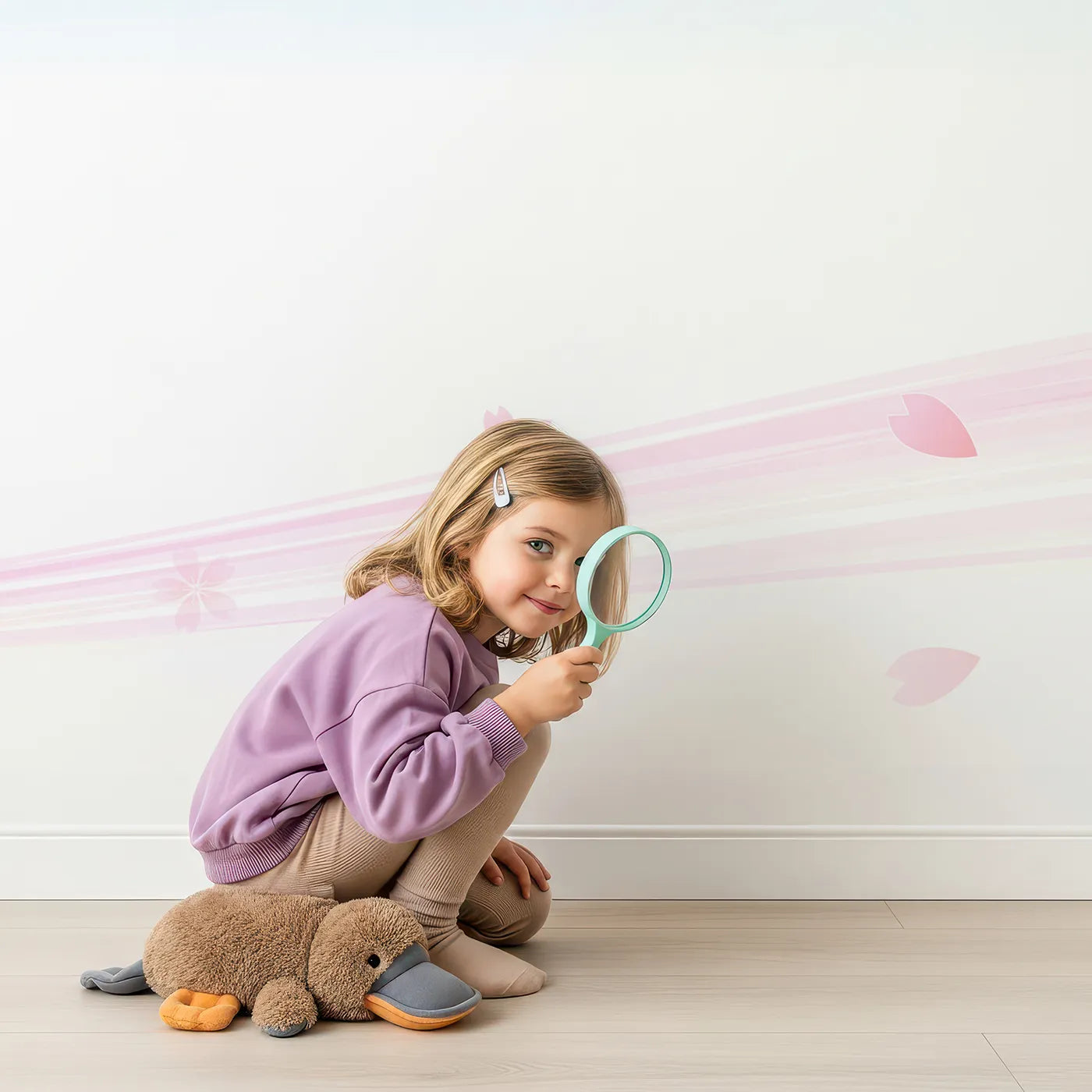 Child in front of Whimsy Tots Blue Cherry Blossom Wall Mural with cherry blossom, blossom, flower, tree, pink, sky, blue, spring in design.