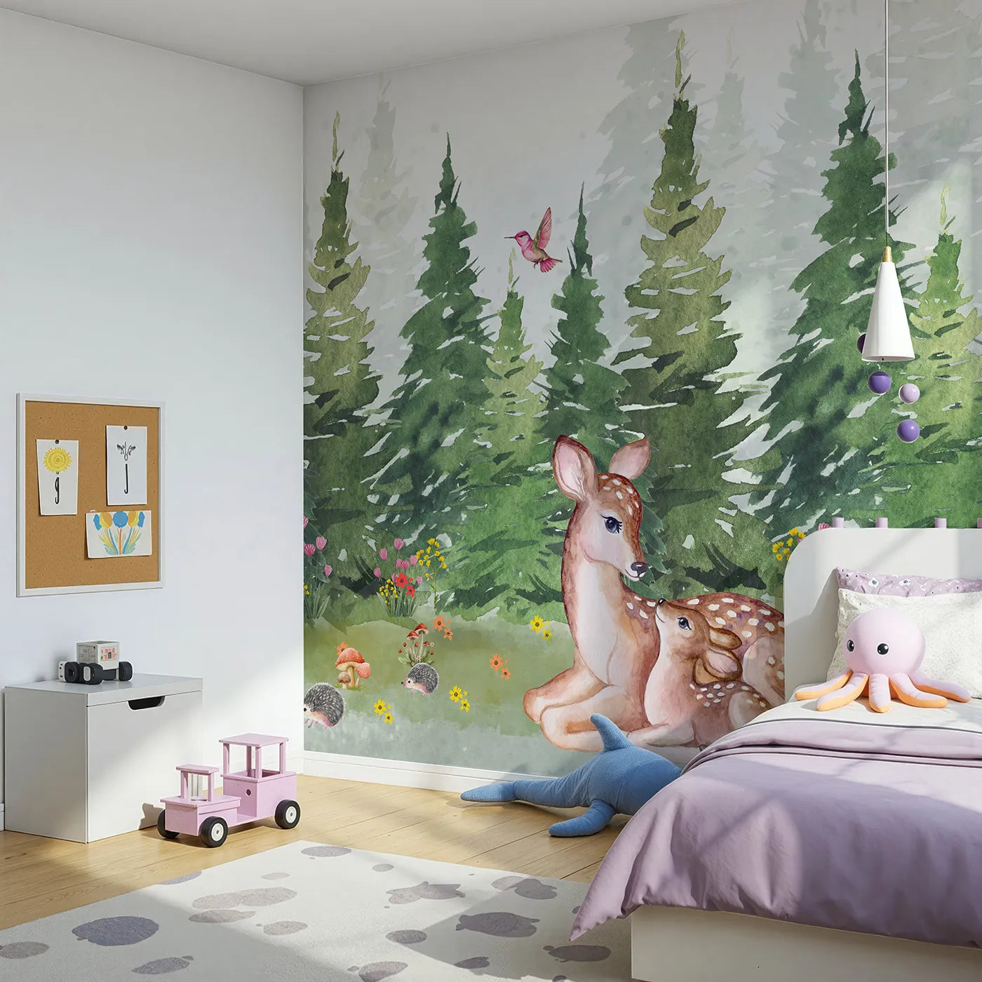Angled view of Whimsy Tots' Deer Family in the Woods Wall Mural (Turn Their Room into a Gentle, Forest Hideaway).Gender-Neutral