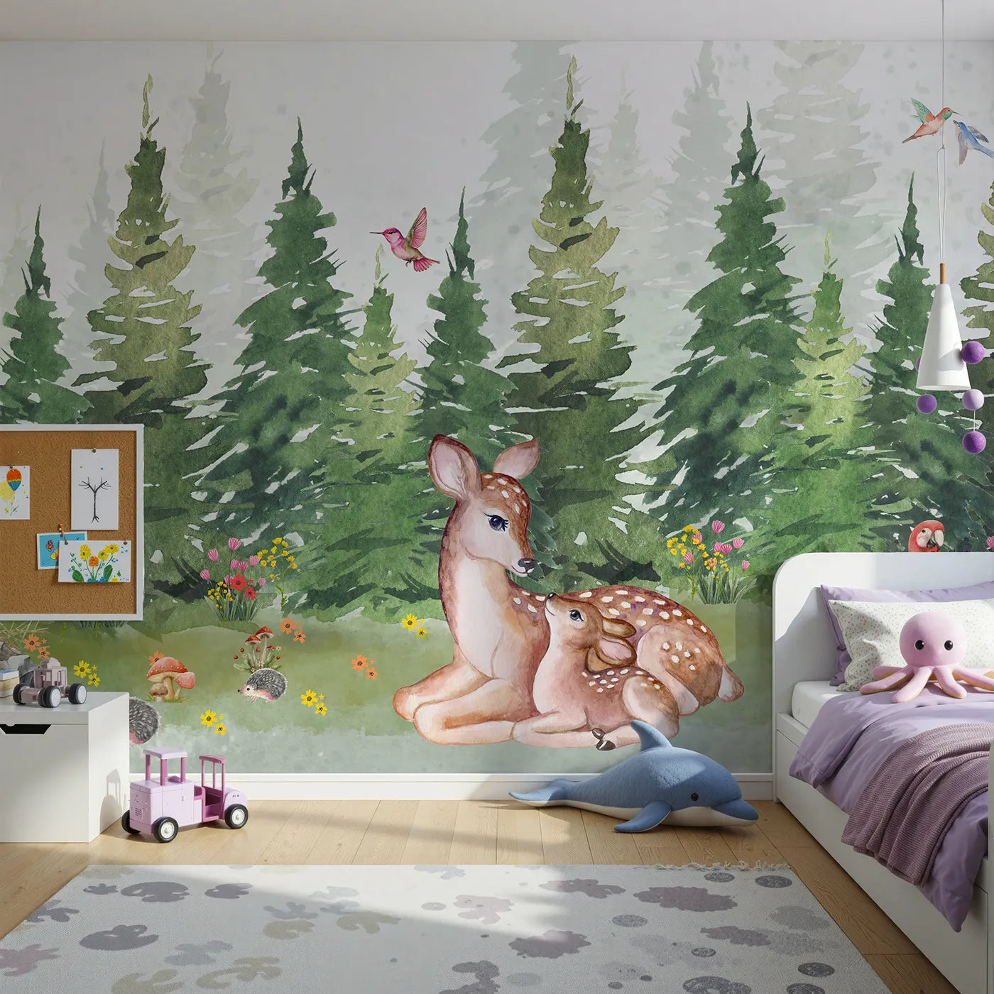 Front view of Whimsy Tots' Deer Family in the Woods Wall Mural