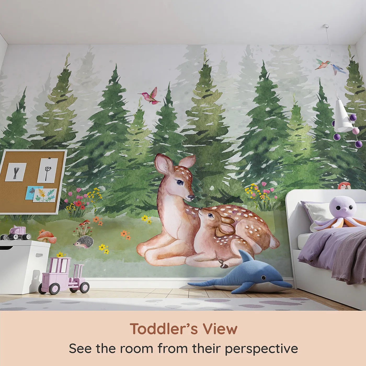Whimsy Tots Deer Family in the Woods Wall Mural (Turn Their Room into a Gentle, Forest Hideaway) from your child's view.Gender-Neutral