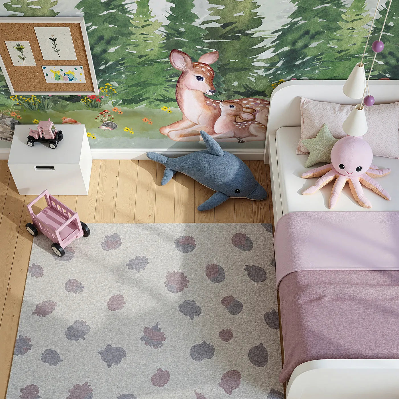 Top-down view of Whimsy Tots' Deer Family in the Woods Wall Mural (Turn Their Room into a Gentle, Forest Hideaway).Gender-Neutral