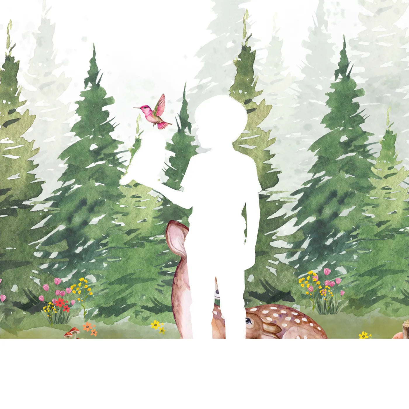 Child in front of Whimsy Tots Deer Family in the Woods Wall Mural with deer, fawn, animal, forest, cute, realistic, woodland, flower in design.