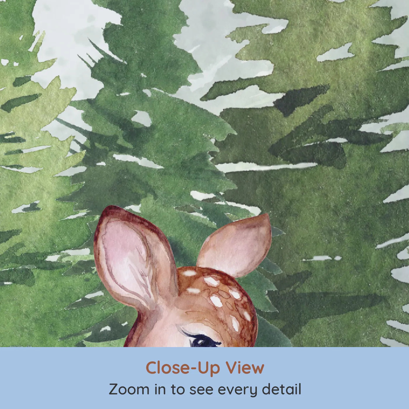 Close-up view of Whimsy Tots' Deer Family in the Woods Wall Mural (Turn Their Room into a Gentle, Forest Hideaway).Gender-Neutral