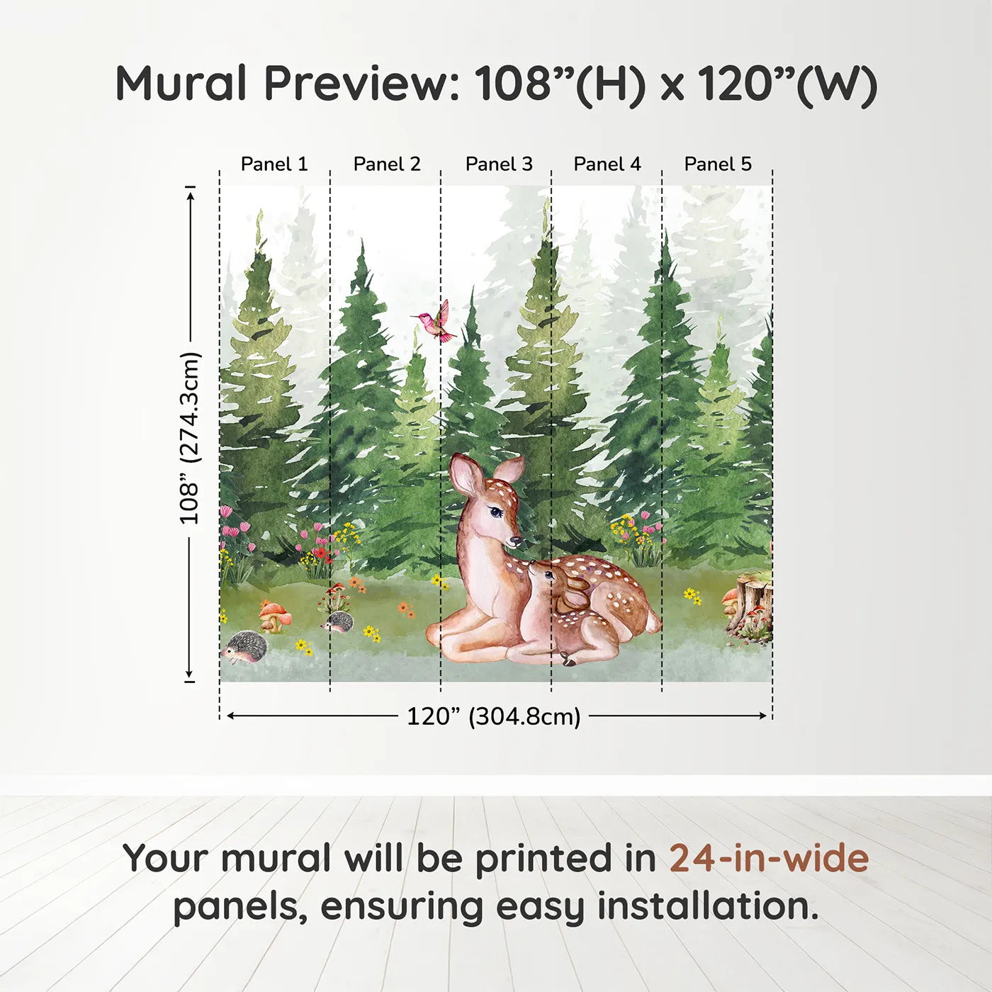 Whimsy Tots Deer Family in the Woods Wall Muraldimension view (108" H x 120" W). Printed in five 24-inch-wide panels. Gender-Neutral