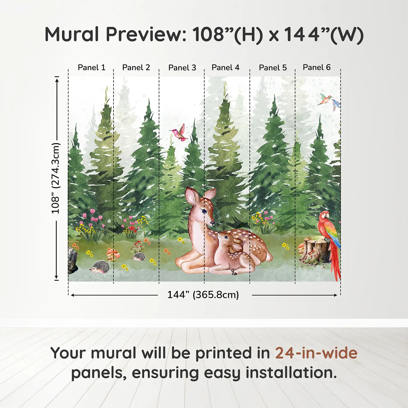 Whimsy Tots Deer Family in the Woods Wall Muraldimension view (108" H x 144" W). Printed in six 24-inch-wide panels. Gender-Neutral