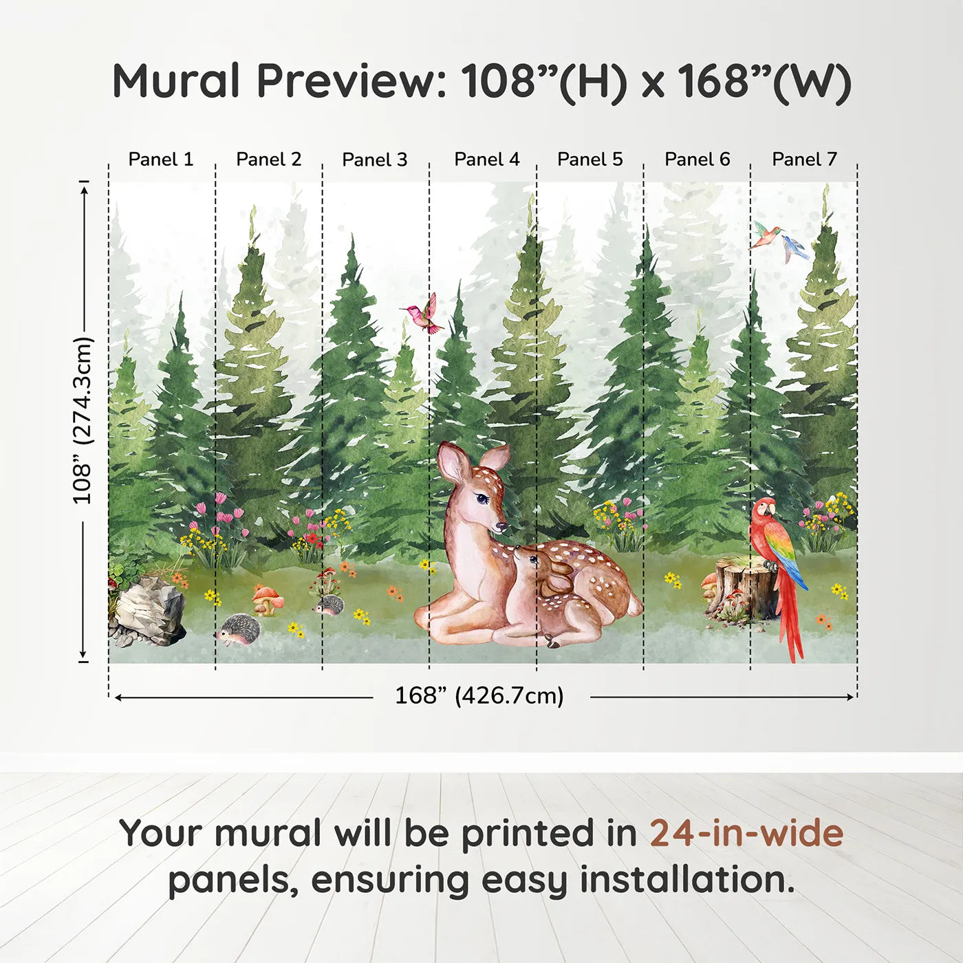 Whimsy Tots Deer Family in the Woods Wall Muraldimension view (108" H x 168" W). Printed in seven 24-inch-wide panels. Gender-Neutral