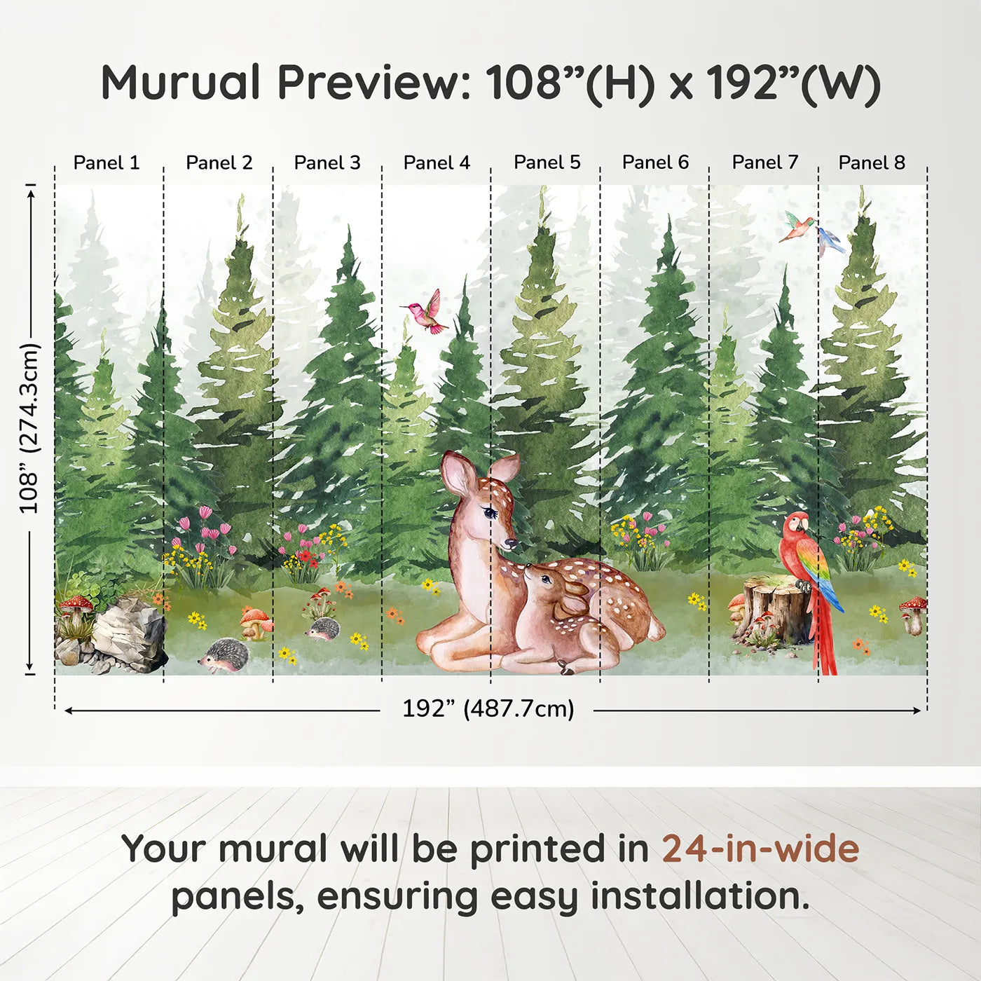 Whimsy Tots Deer Family in the Woods Wall Muraldimension view (108" H x 192" W). Printed in eight 24-inch-wide panels. Gender-Neutral