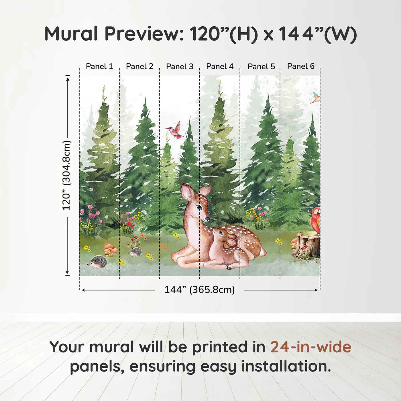 Whimsy Tots Deer Family in the Woods Wall Muraldimension view (120" H x 144" W). Printed in six 24-inch-wide panels. Gender-Neutral