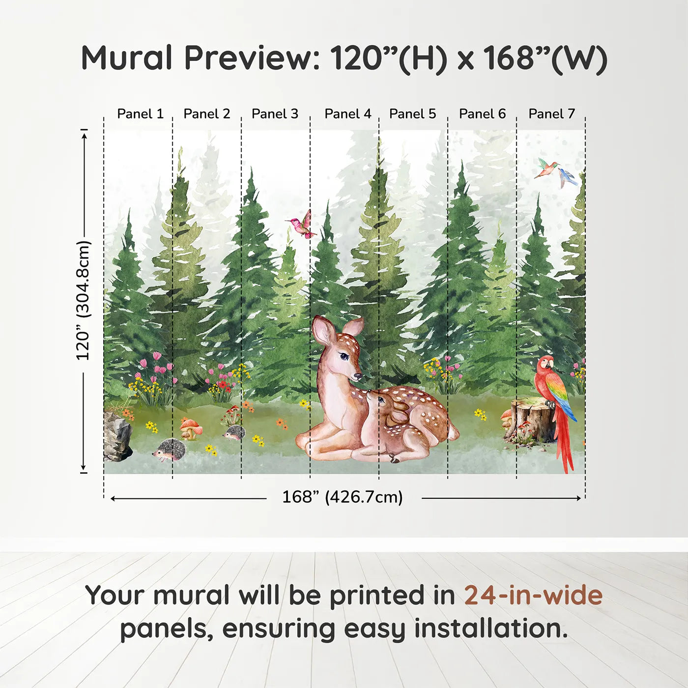 Whimsy Tots Deer Family in the Woods Wall Muraldimension view (120" H x 168" W). Printed in seven 24-inch-wide panels. Gender-Neutral