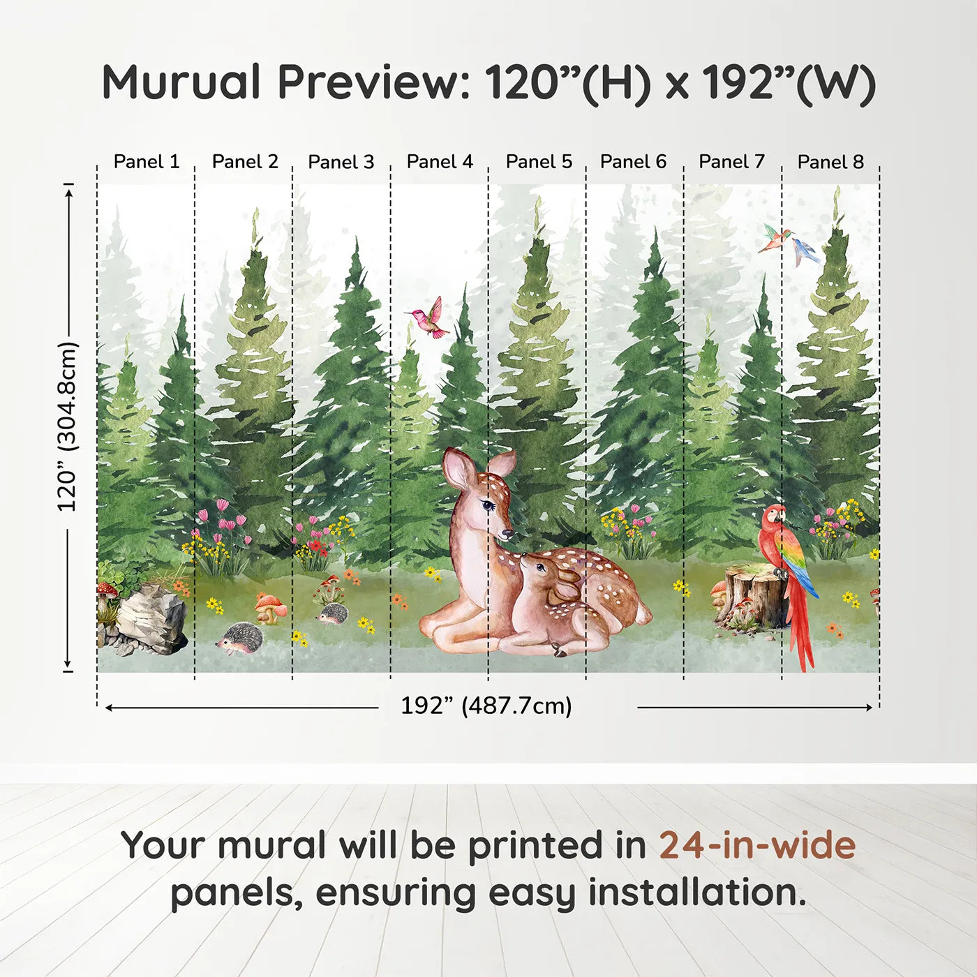 Whimsy Tots Deer Family in the Woods Wall Muraldimension view (120" H x 192" W). Printed in eight 24-inch-wide panels. Gender-Neutral