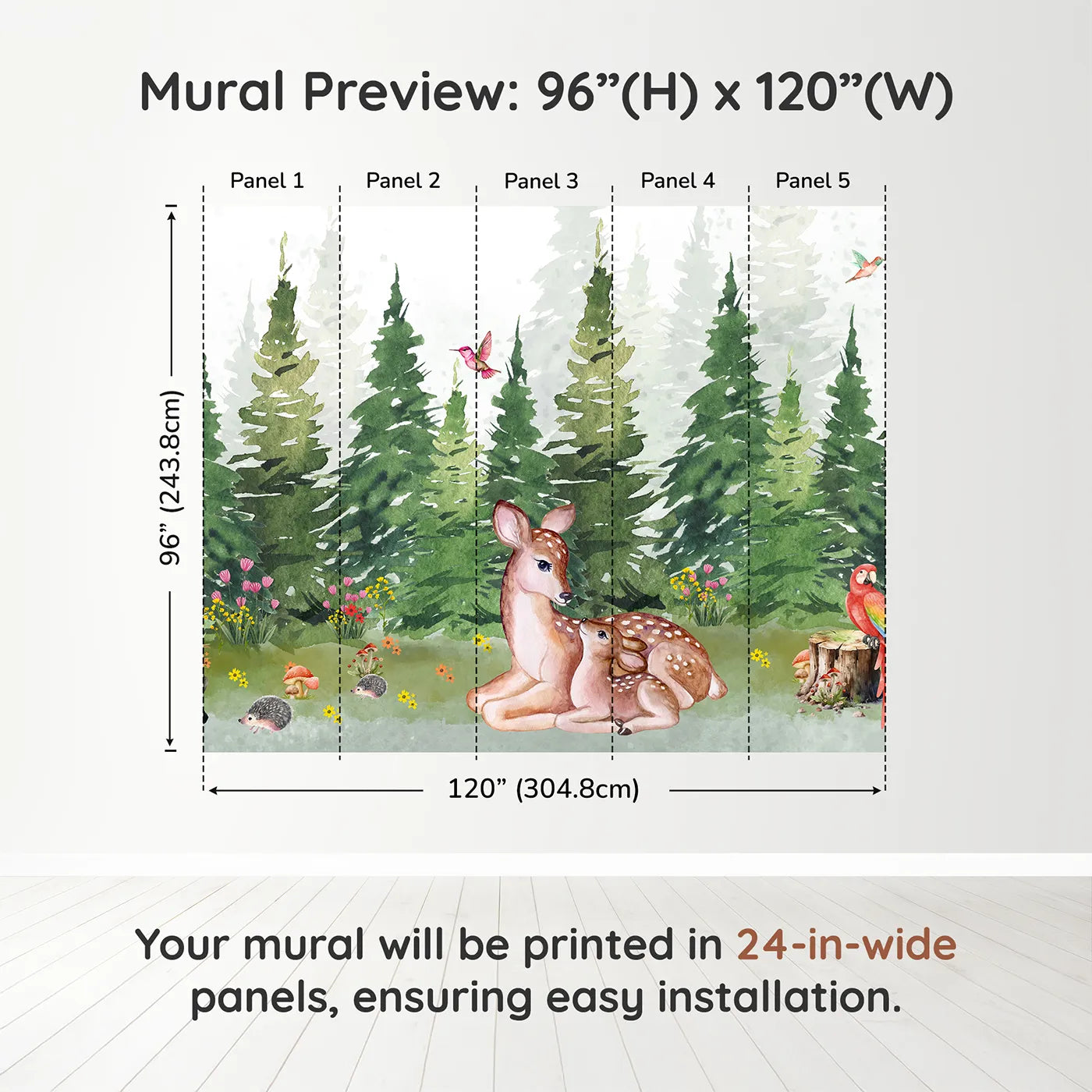 Whimsy Tots Deer Family in the Woods Wall Muraldimension view (96" H x 120" W). Printed in five 24-inch-wide panels. Gender-Neutral