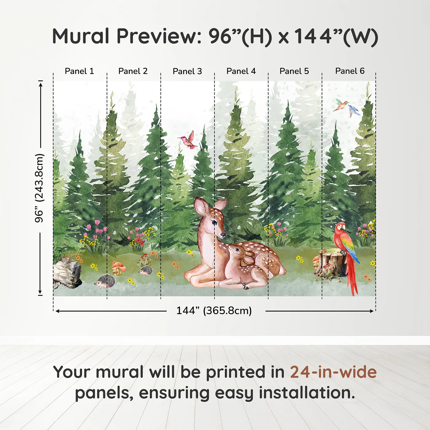 Whimsy Tots Deer Family in the Woods Wall Muraldimension view (96" H x 144" W). Printed in six 24-inch-wide panels. Gender-Neutral