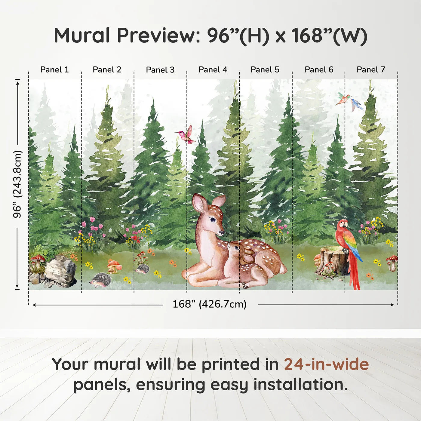 Whimsy Tots Deer Family in the Woods Wall Muraldimension view (96" H x 168" W). Printed in seven 24-inch-wide panels. Gender-Neutral