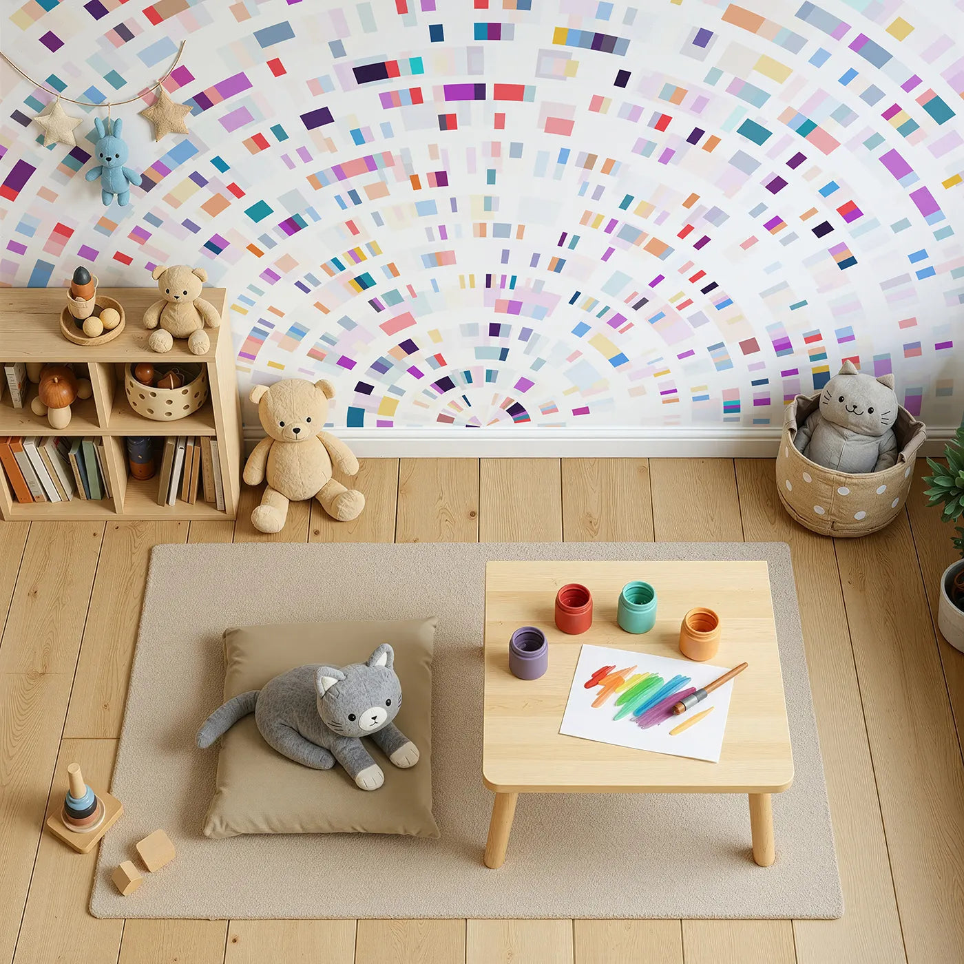 Top-down view of Whimsy Tots' Data Arc Wall Mural (Turn Their Room into a High-Tech, Digital Universe).Gender-Neutral