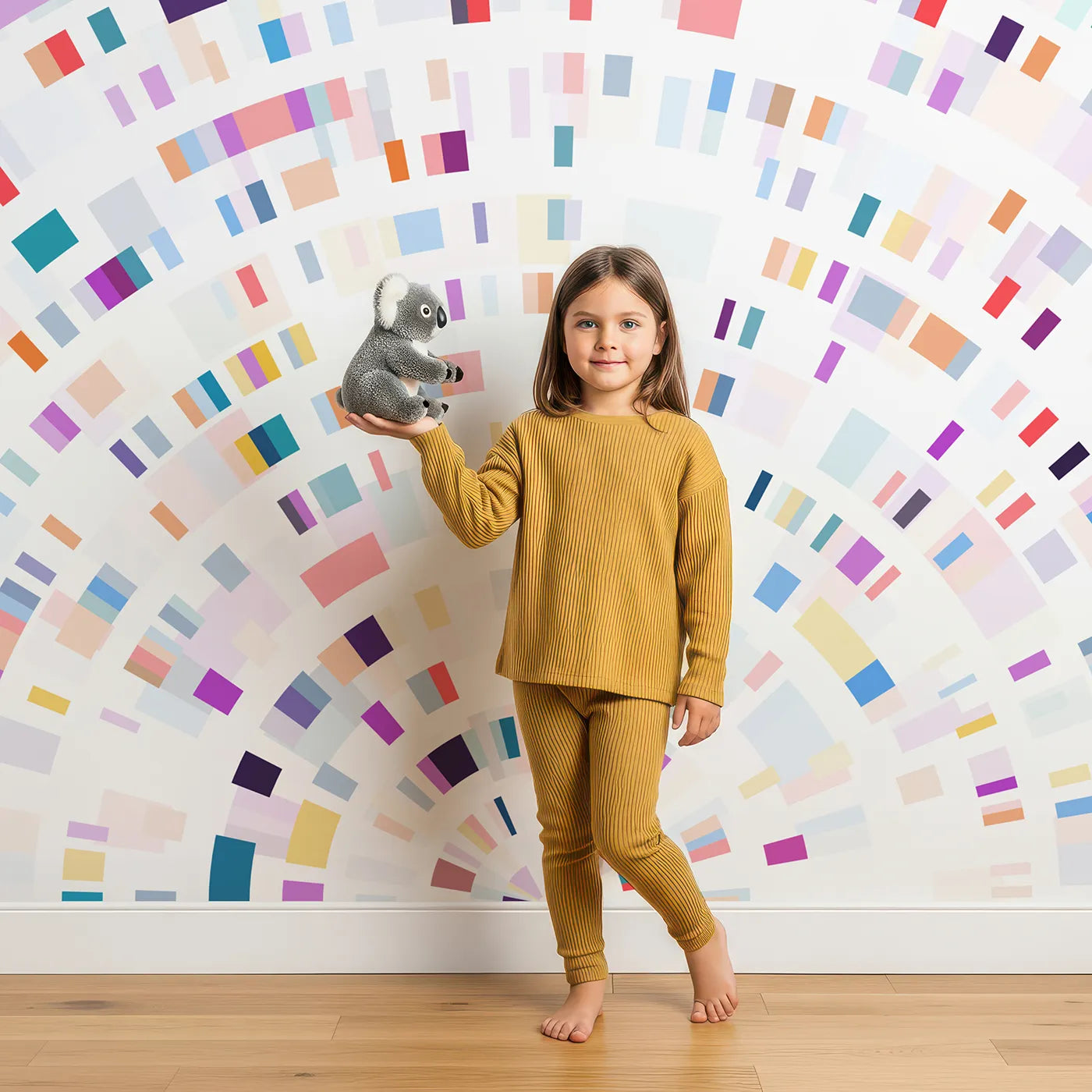 Child in front of Whimsy Tots Data Arc Wall Mural with data, abstract, modern, colorful, geometric, tech, science, futuristic in design.