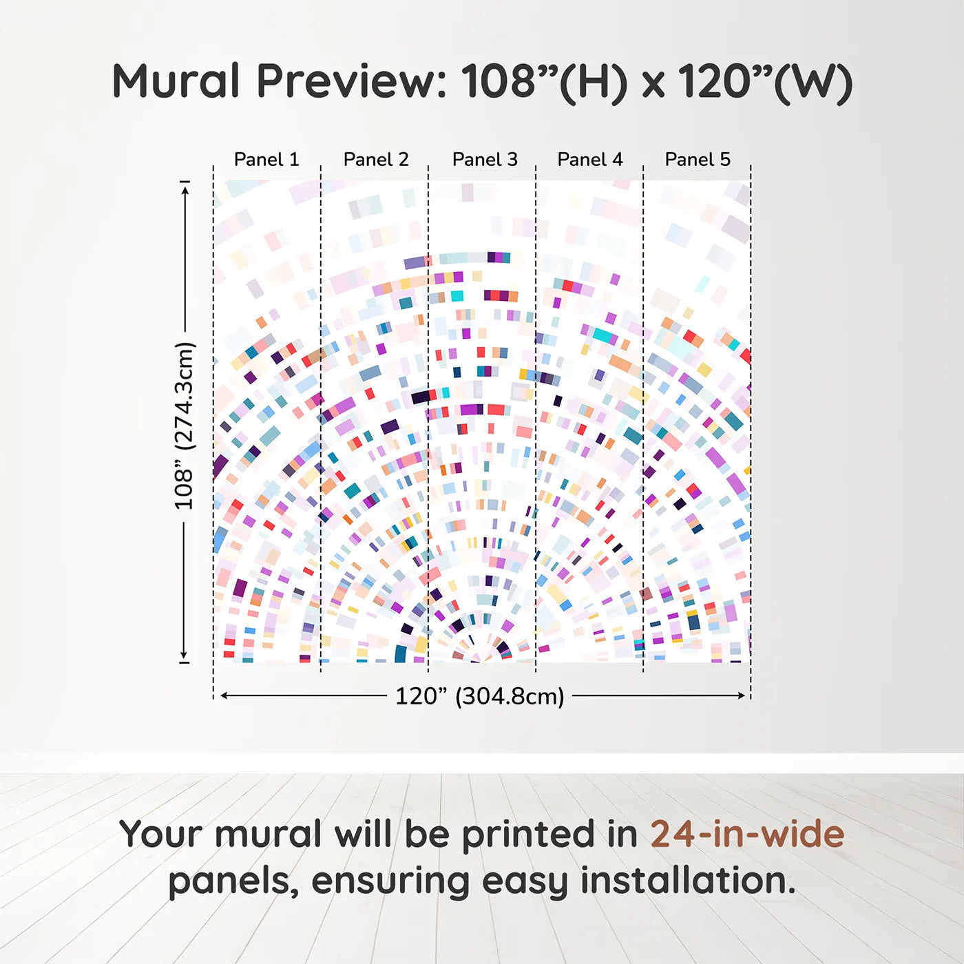 Whimsy Tots Data Arc Wall Muraldimension view (108" H x 120" W). Printed in five 24-inch-wide panels. Gender-Neutral