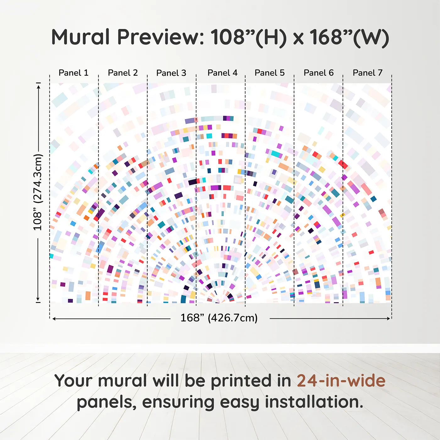 Whimsy Tots Data Arc Wall Muraldimension view (108" H x 168" W). Printed in seven 24-inch-wide panels. Gender-Neutral