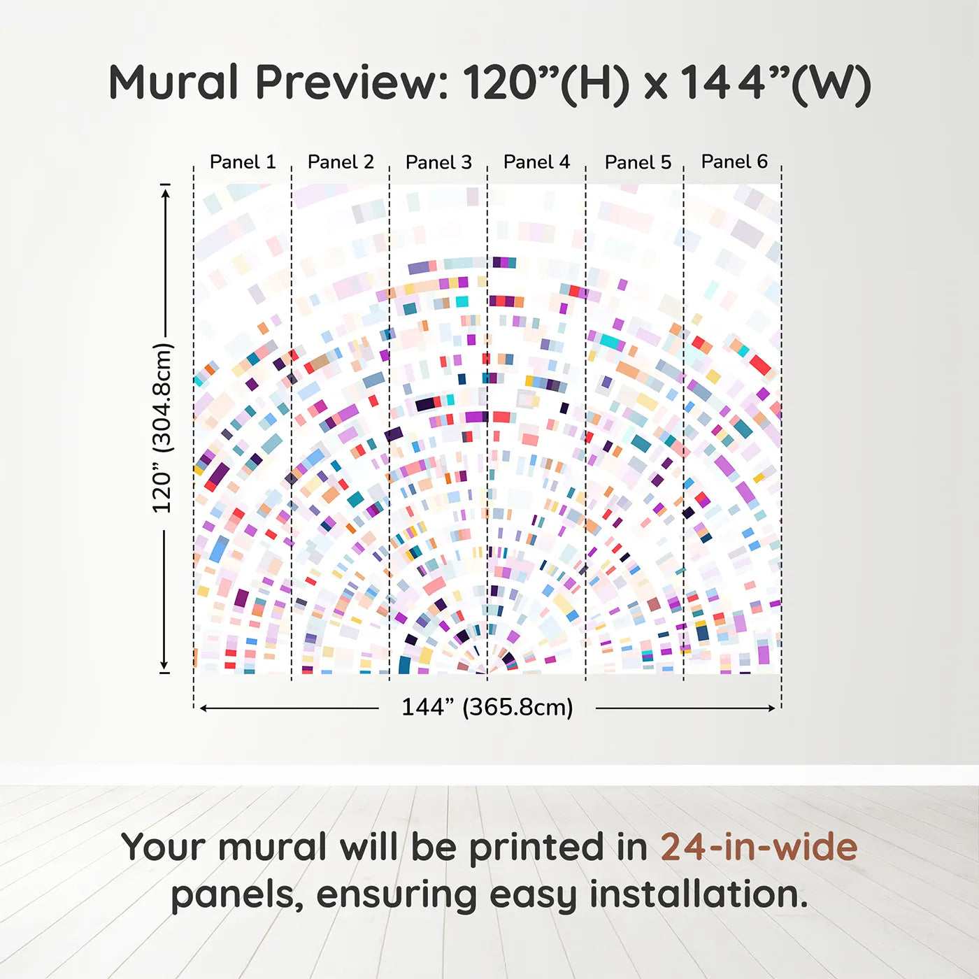 Whimsy Tots Data Arc Wall Muraldimension view (120" H x 144" W). Printed in six 24-inch-wide panels. Gender-Neutral