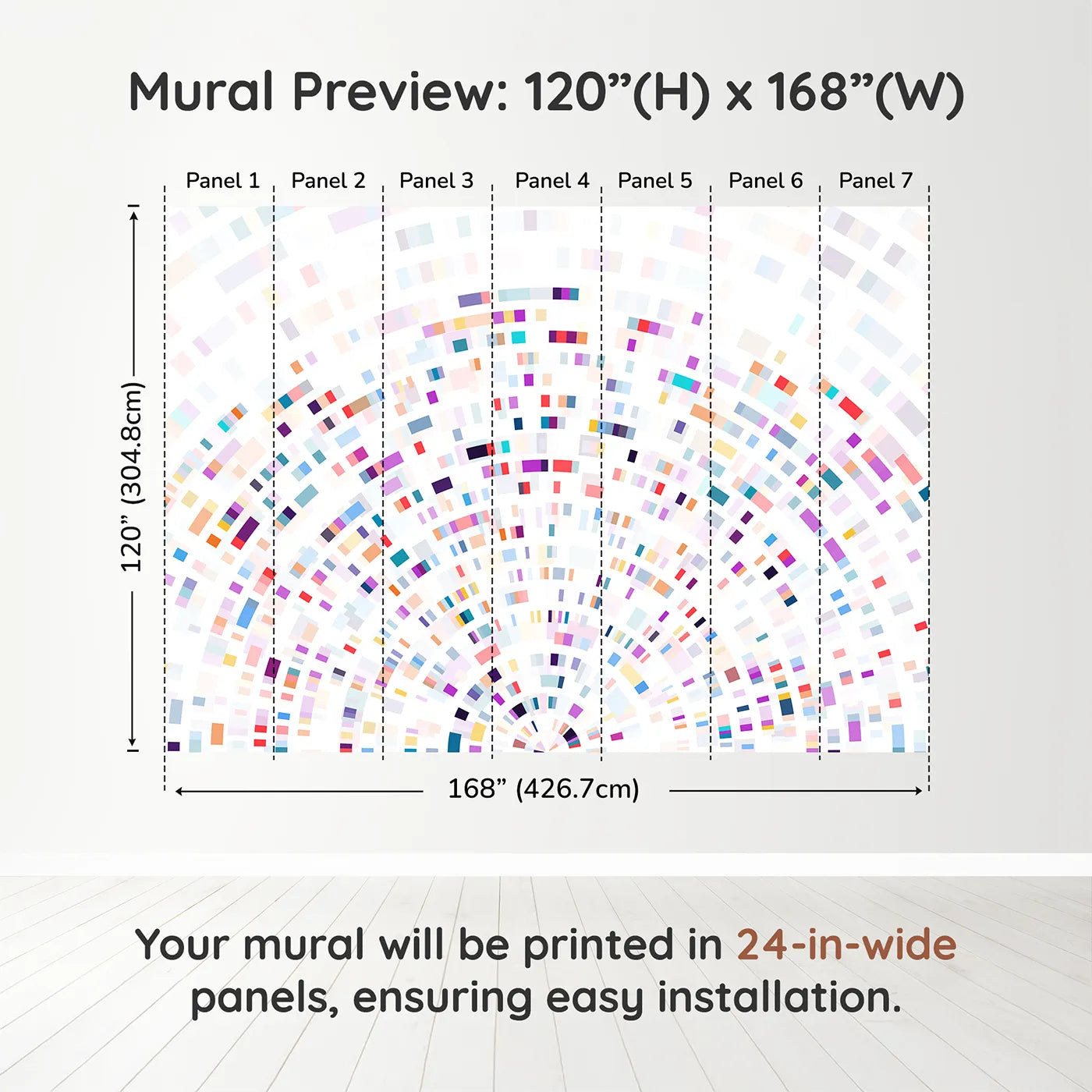 Whimsy Tots Data Arc Wall Muraldimension view (120" H x 168" W). Printed in seven 24-inch-wide panels. Gender-Neutral