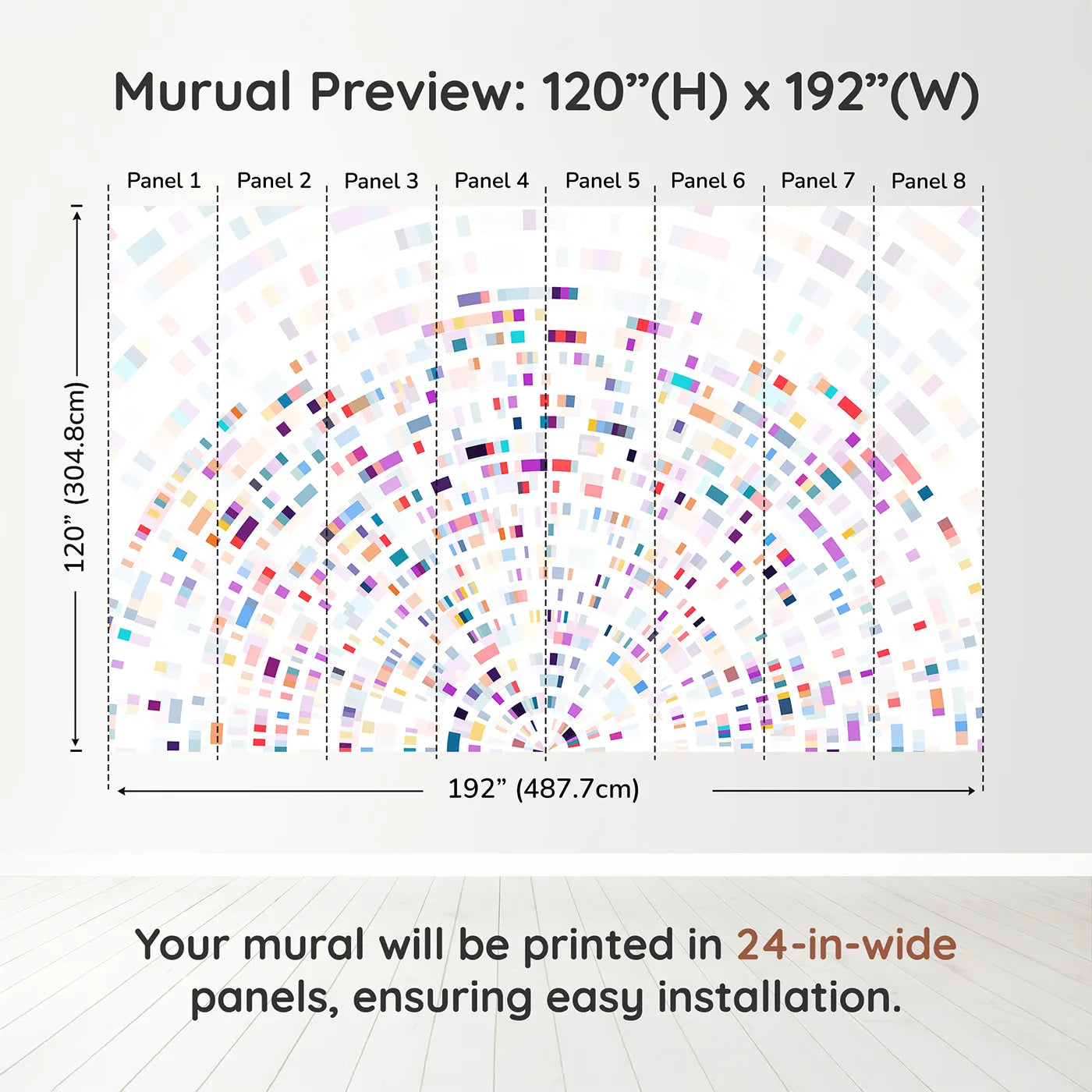 Whimsy Tots Data Arc Wall Muraldimension view (120" H x 192" W). Printed in eight 24-inch-wide panels. Gender-Neutral