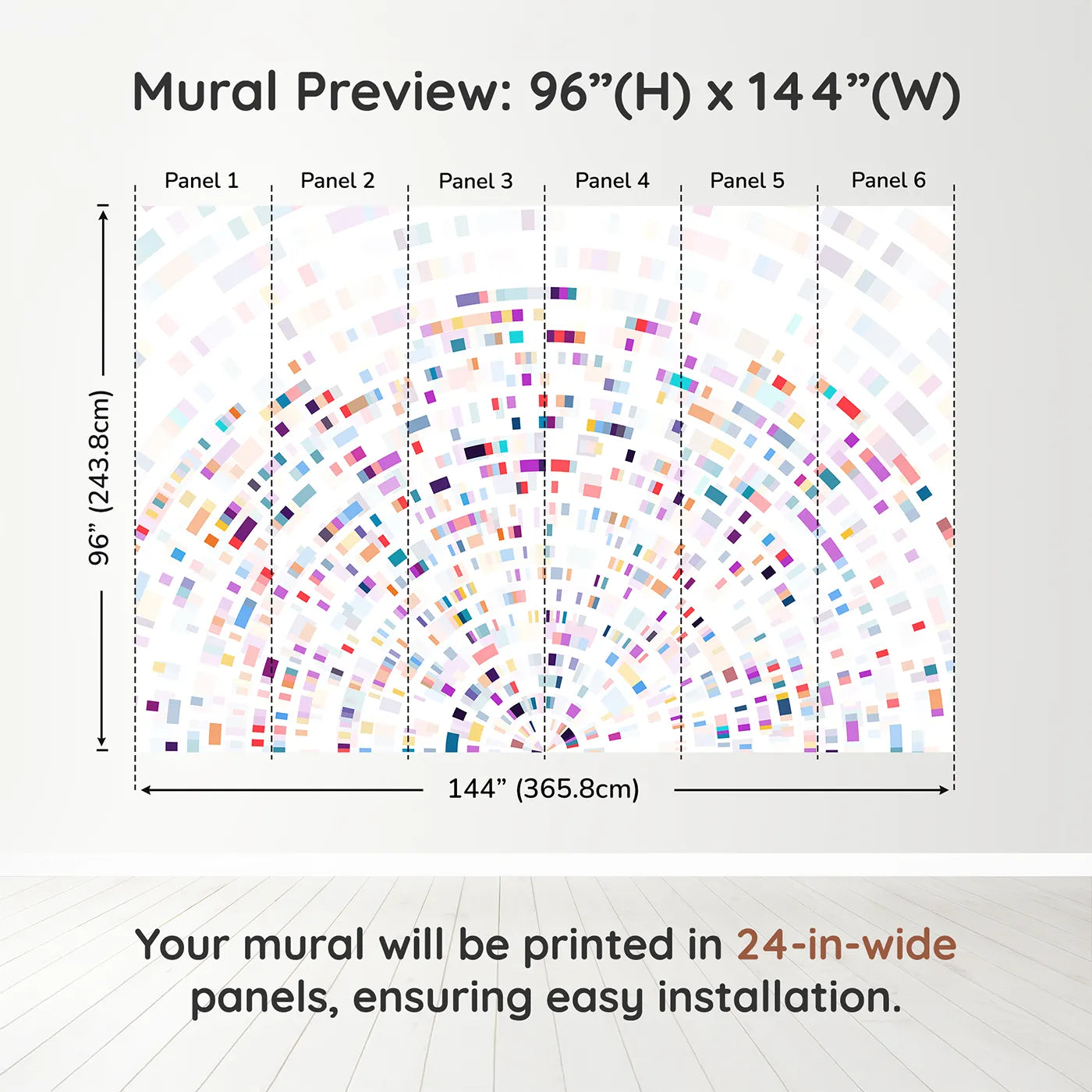 Whimsy Tots Data Arc Wall Muraldimension view (96" H x 144" W). Printed in six 24-inch-wide panels. Gender-Neutral