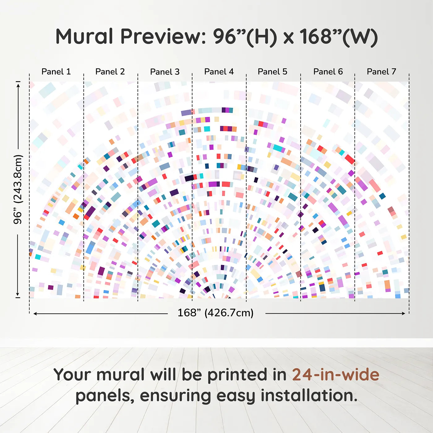 Whimsy Tots Data Arc Wall Muraldimension view (96" H x 168" W). Printed in seven 24-inch-wide panels. Gender-Neutral