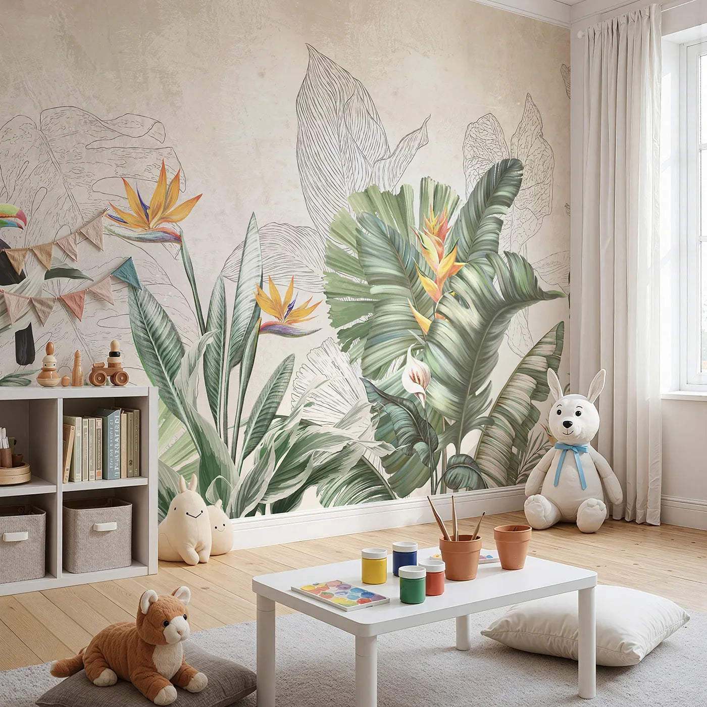 Angled view of Whimsy Tots' Tropical Toucan Garden Wall Mural (Turn Their Room into a Lush and Vibrant Jungle).Gender-Neutral