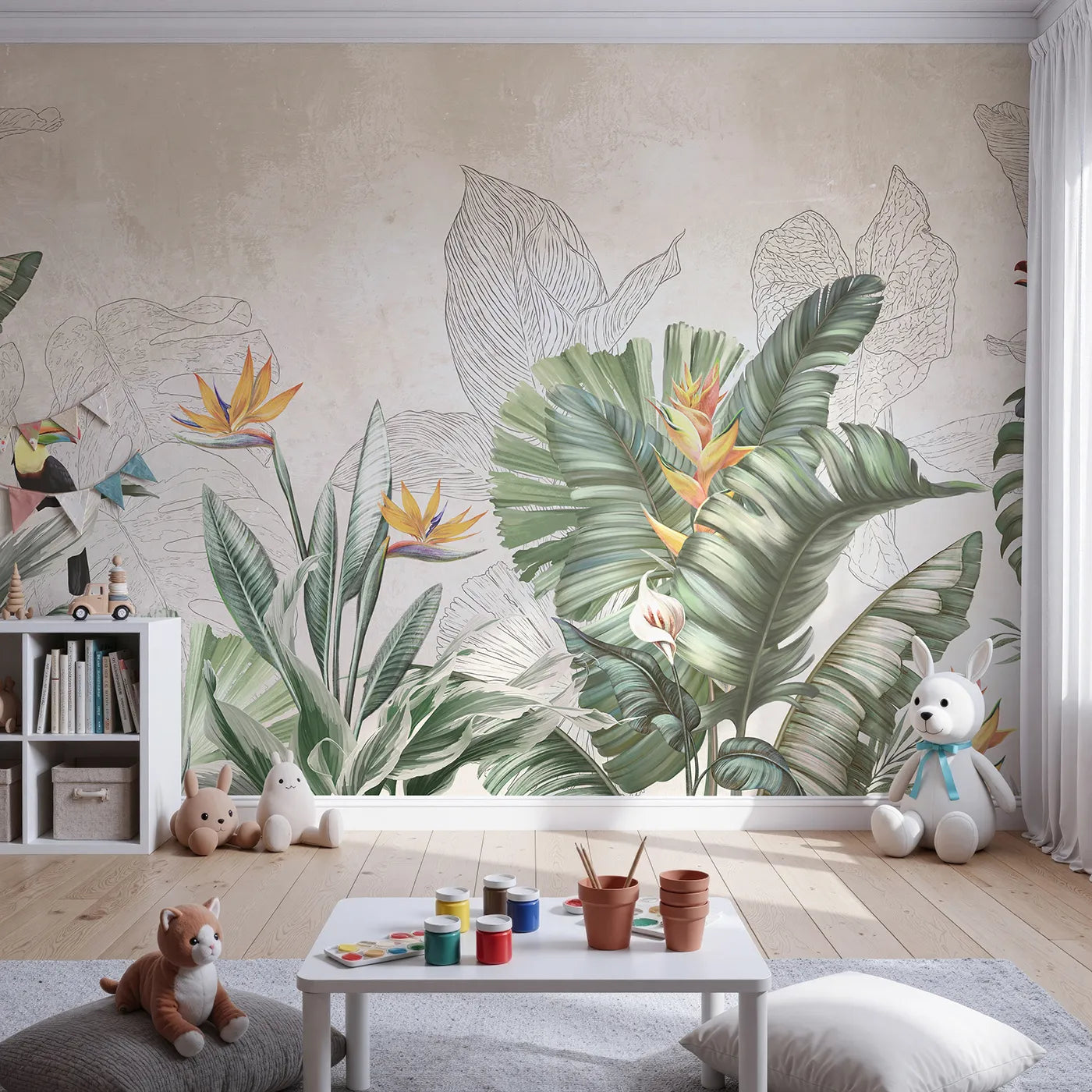 Front view of Whimsy Tots' Tropical Toucan Garden Wall Mural