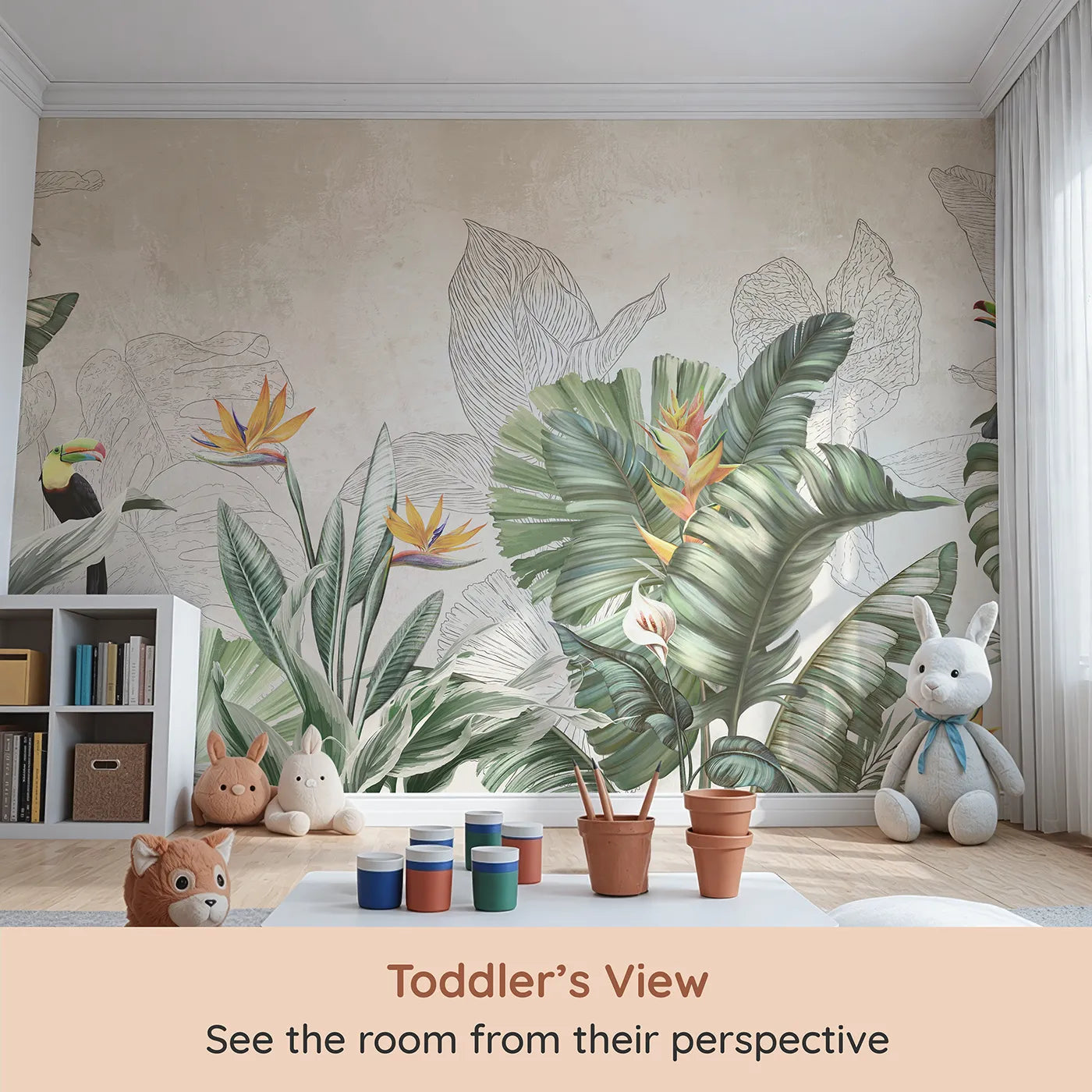 Whimsy Tots Tropical Toucan Garden Wall Mural (Turn Their Room into a Lush and Vibrant Jungle) from your child's view.Gender-Neutral