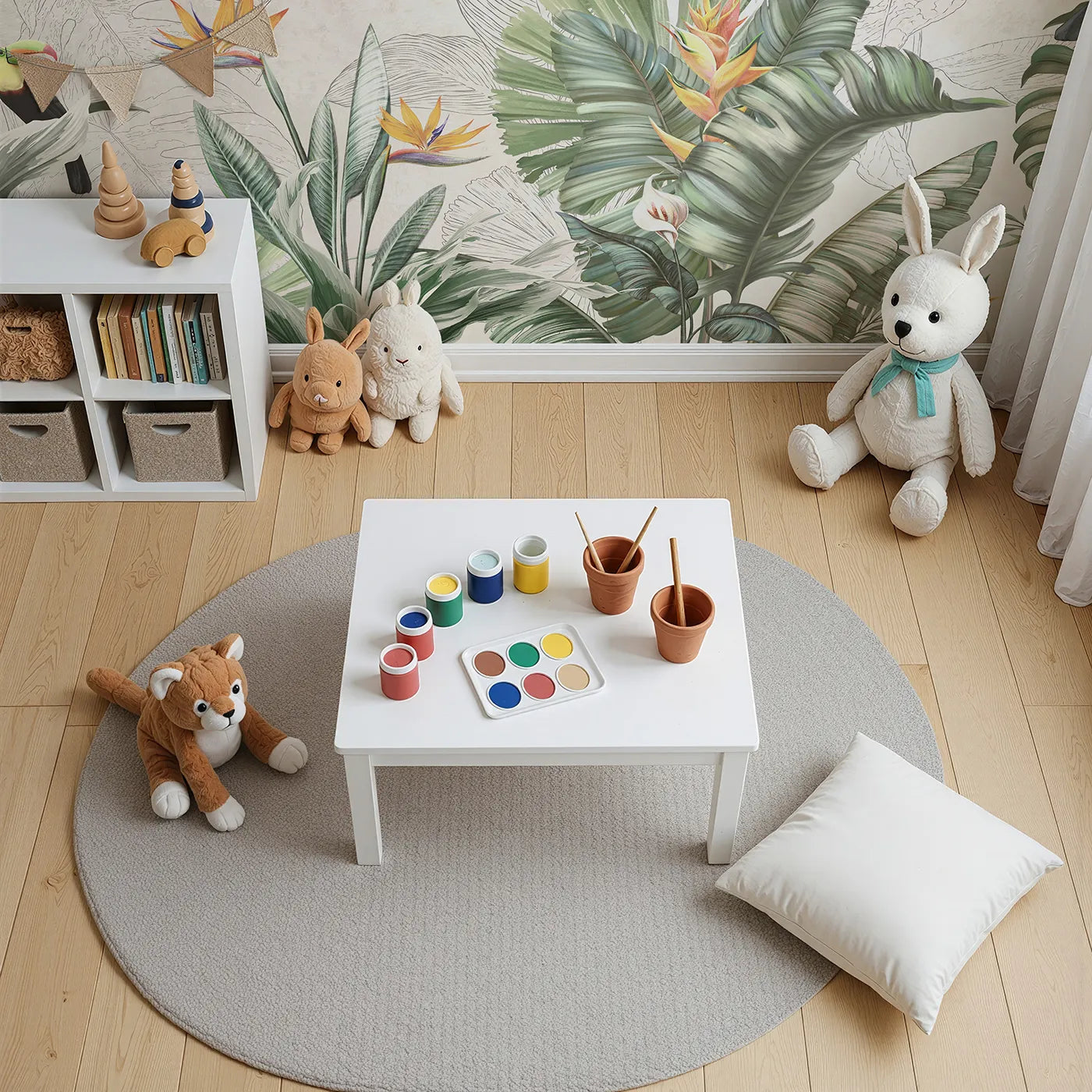 Top-down view of Whimsy Tots' Tropical Toucan Garden Wall Mural (Turn Their Room into a Lush and Vibrant Jungle).Gender-Neutral